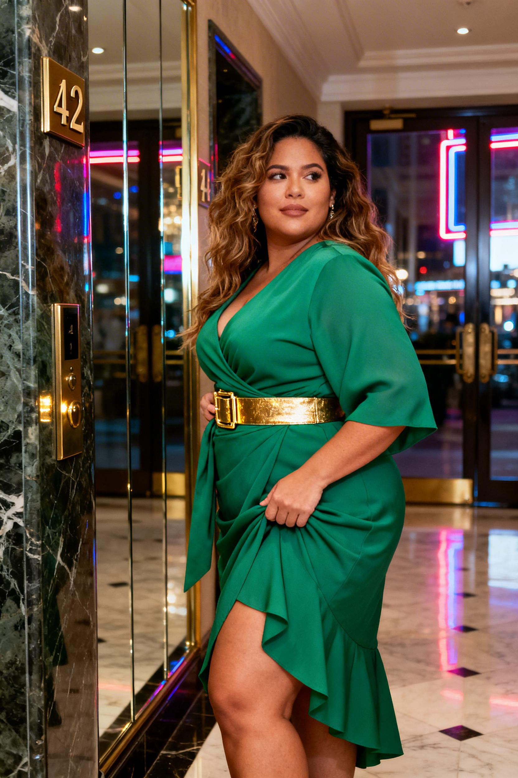Mid Size Date Night Outfit - emerald wrap dress gold belt