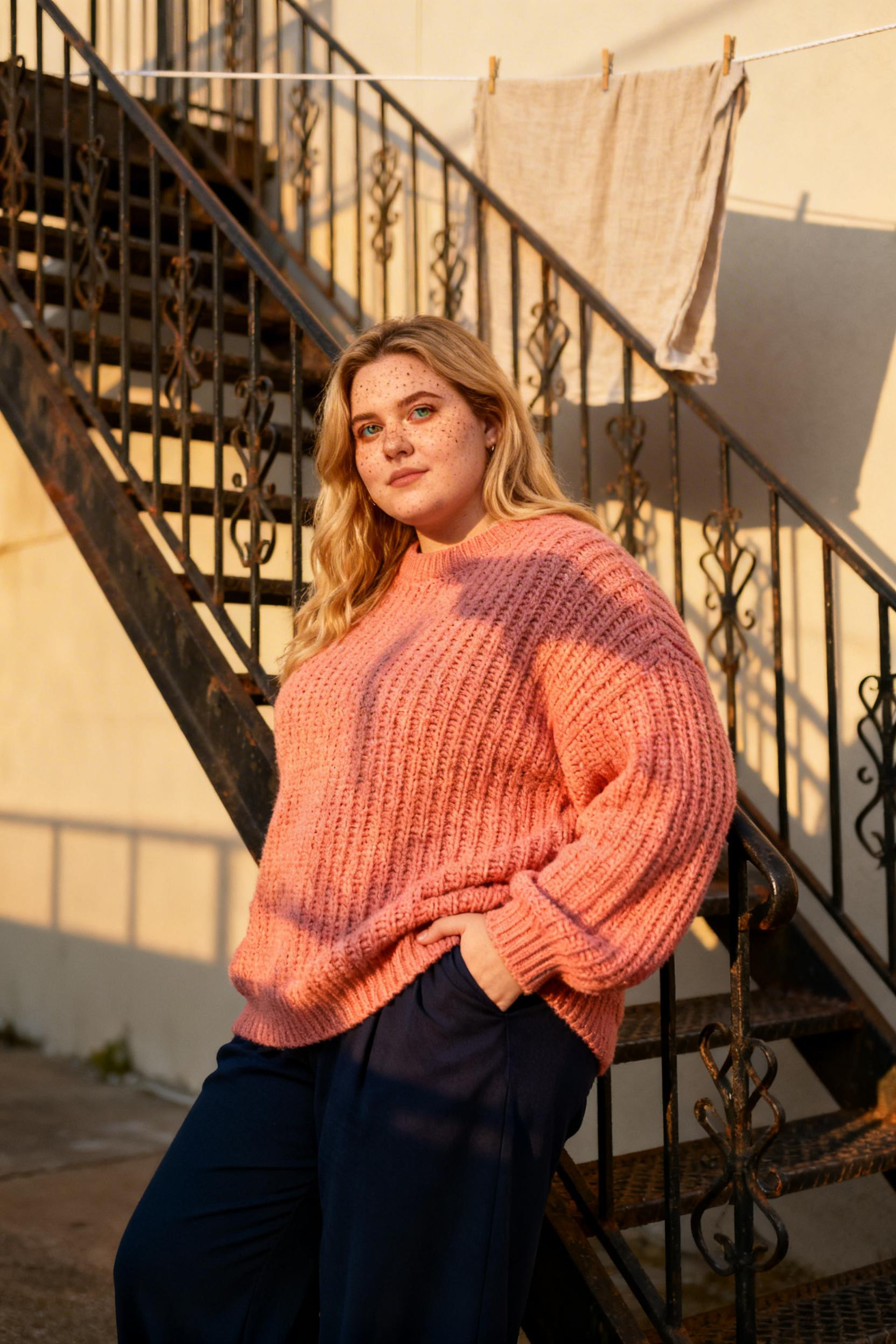 Curvy Date Night Outfit - coral sweater navy trousers