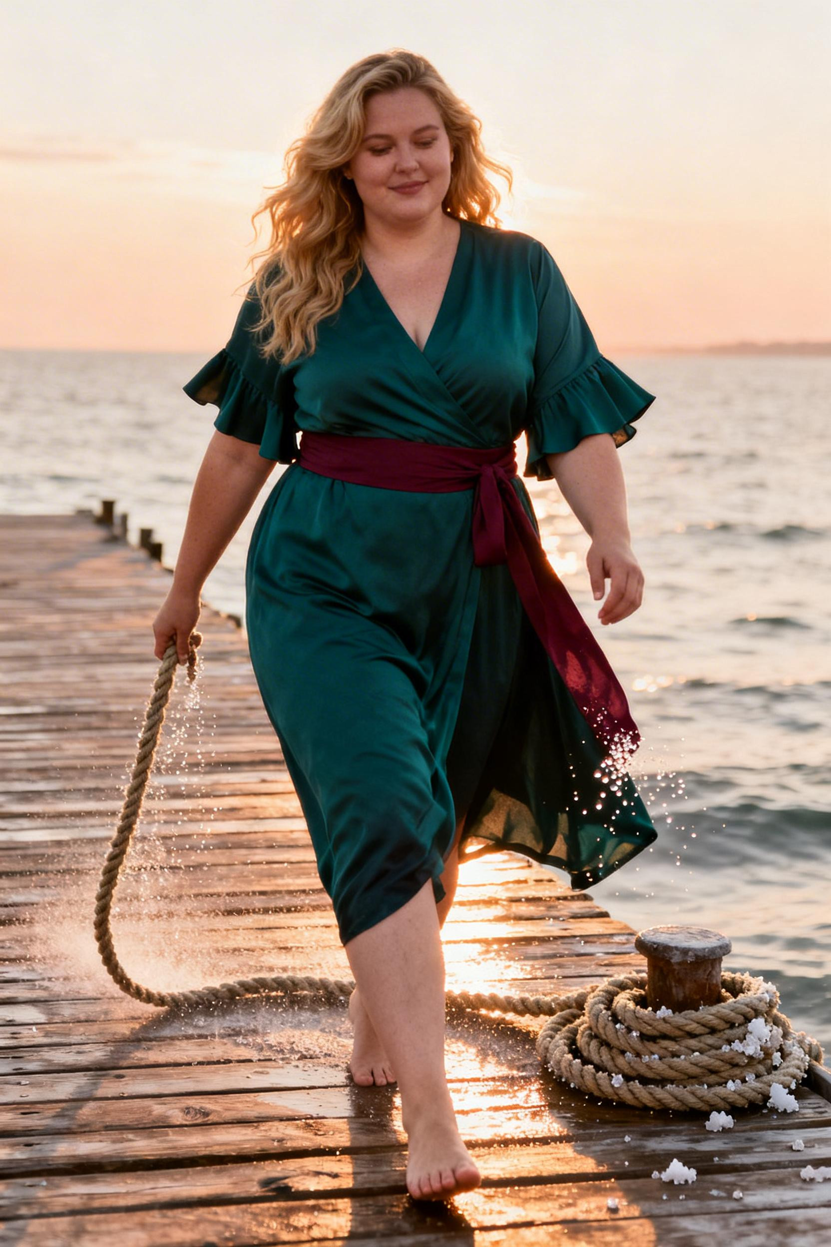 Midsize Date Night Outfit - emerald wrap dress