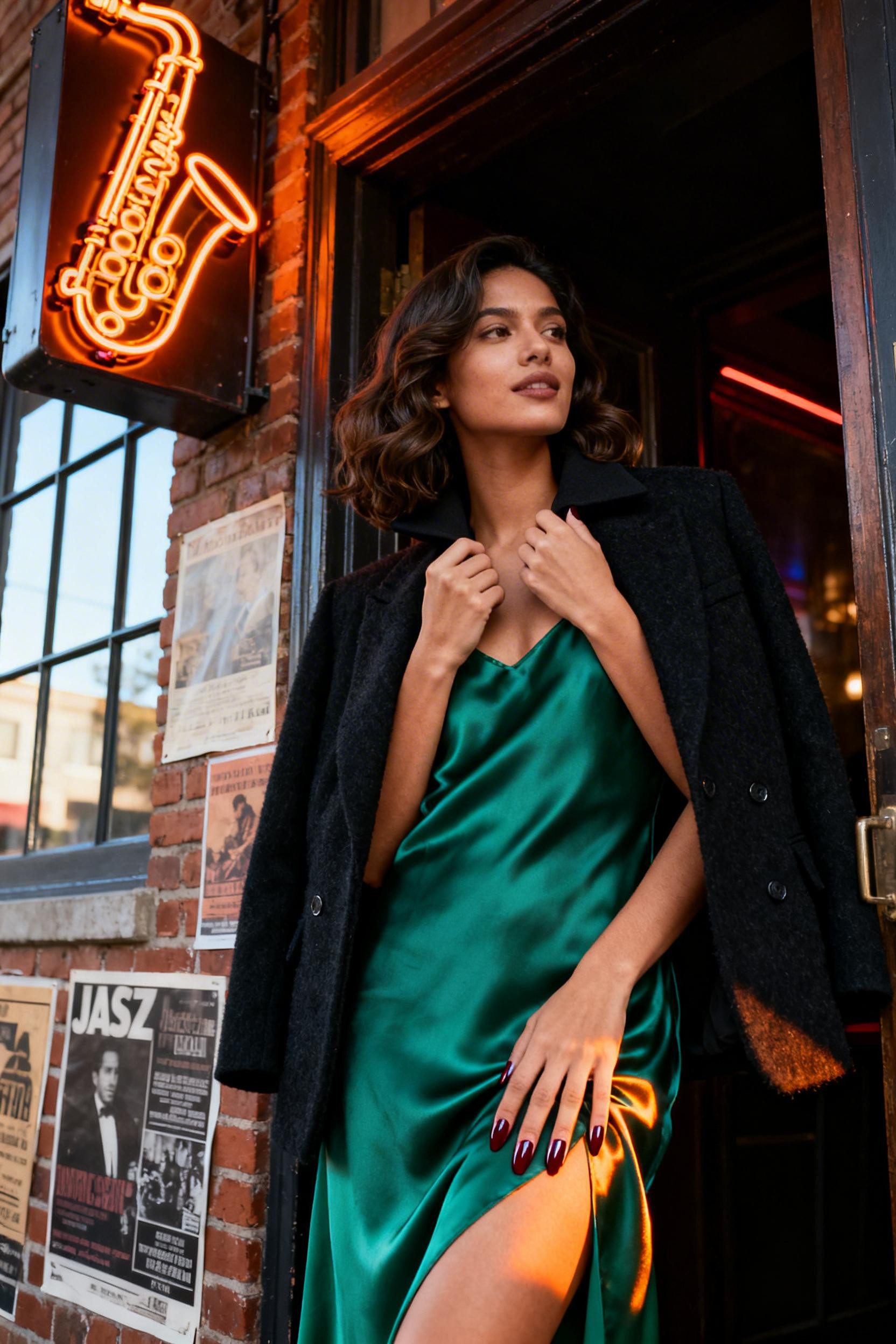 Night Club Fits - emerald slip dress black blazer