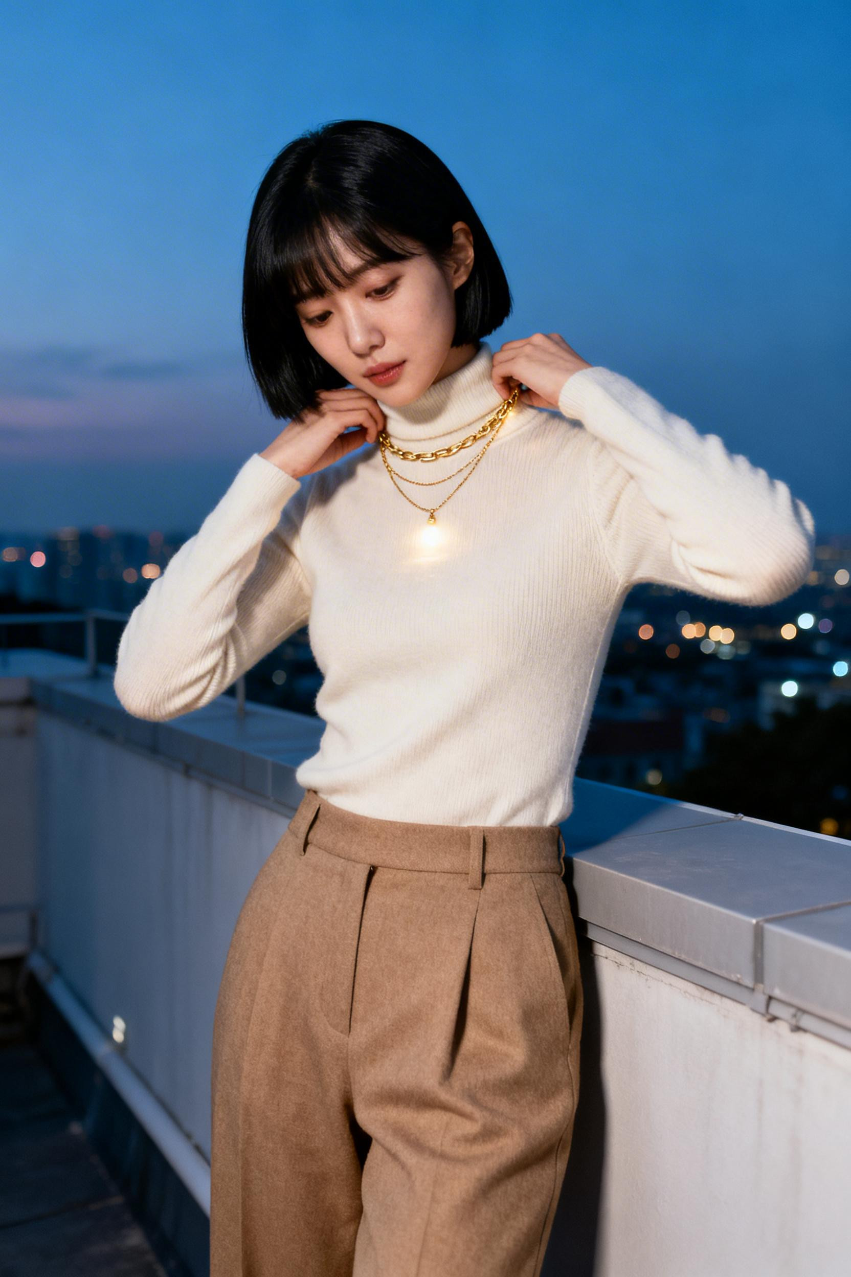 Date Night Outfits For Women - cream cashmere turtleneck camel trousers