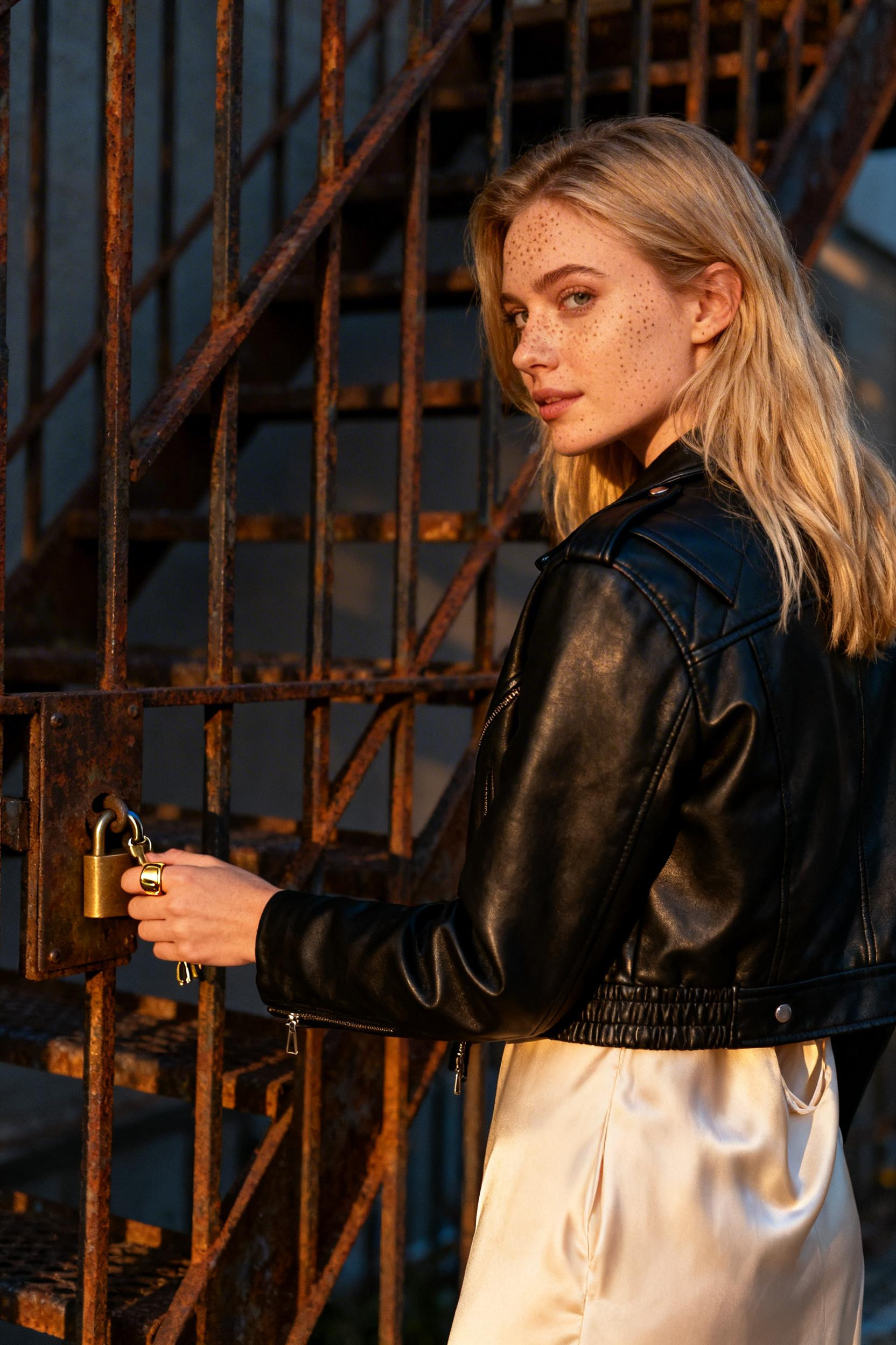 Date Night Dress - black leather jacket cream slip dress