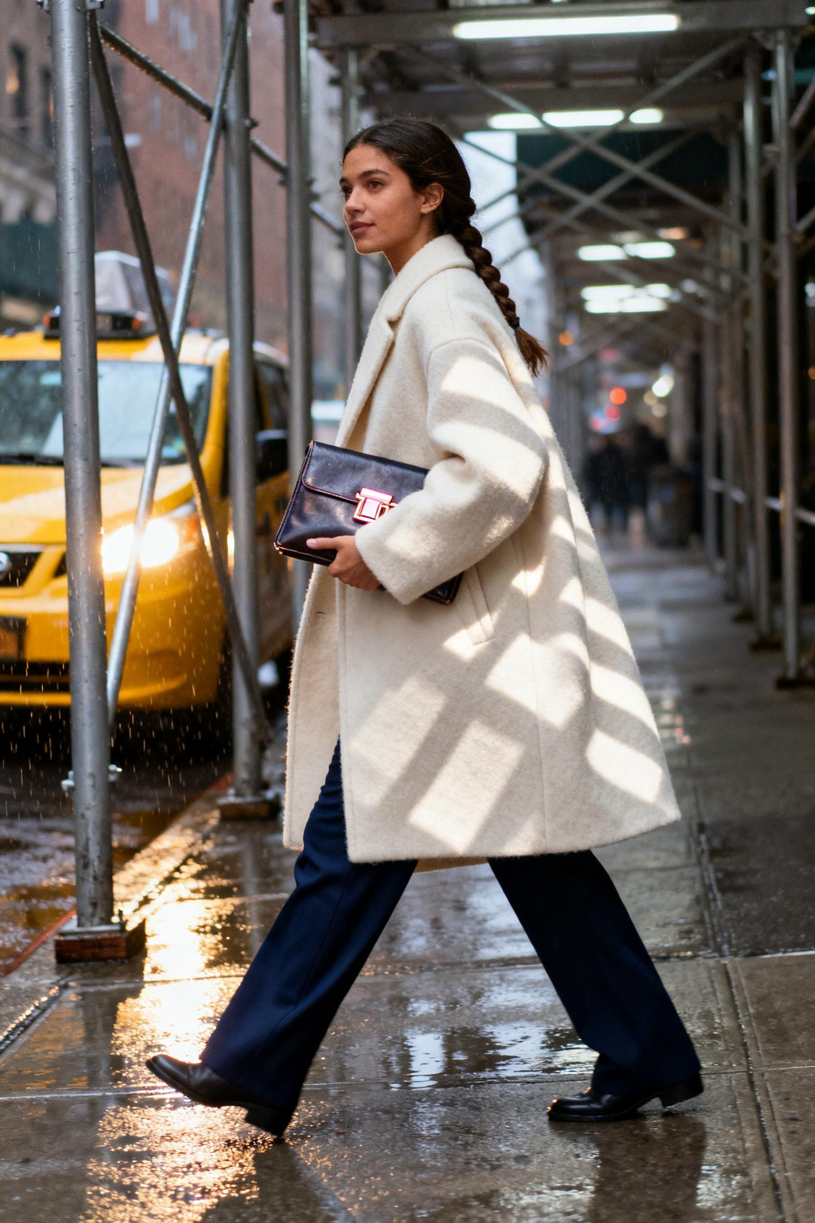Winter Date Night Outfit - cream wool coat navy trousers