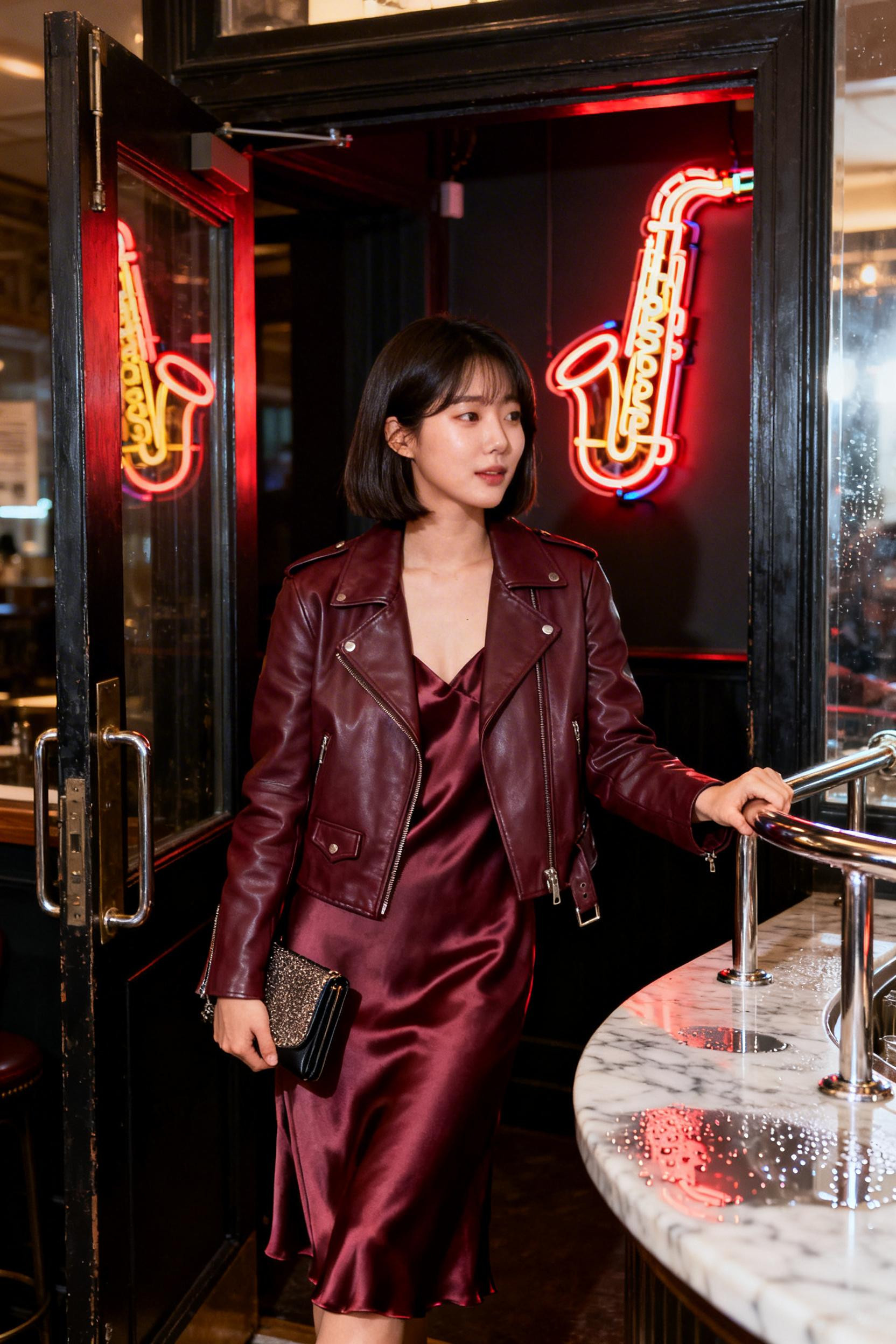 Night Club Fits - burgundy jacket slip dress