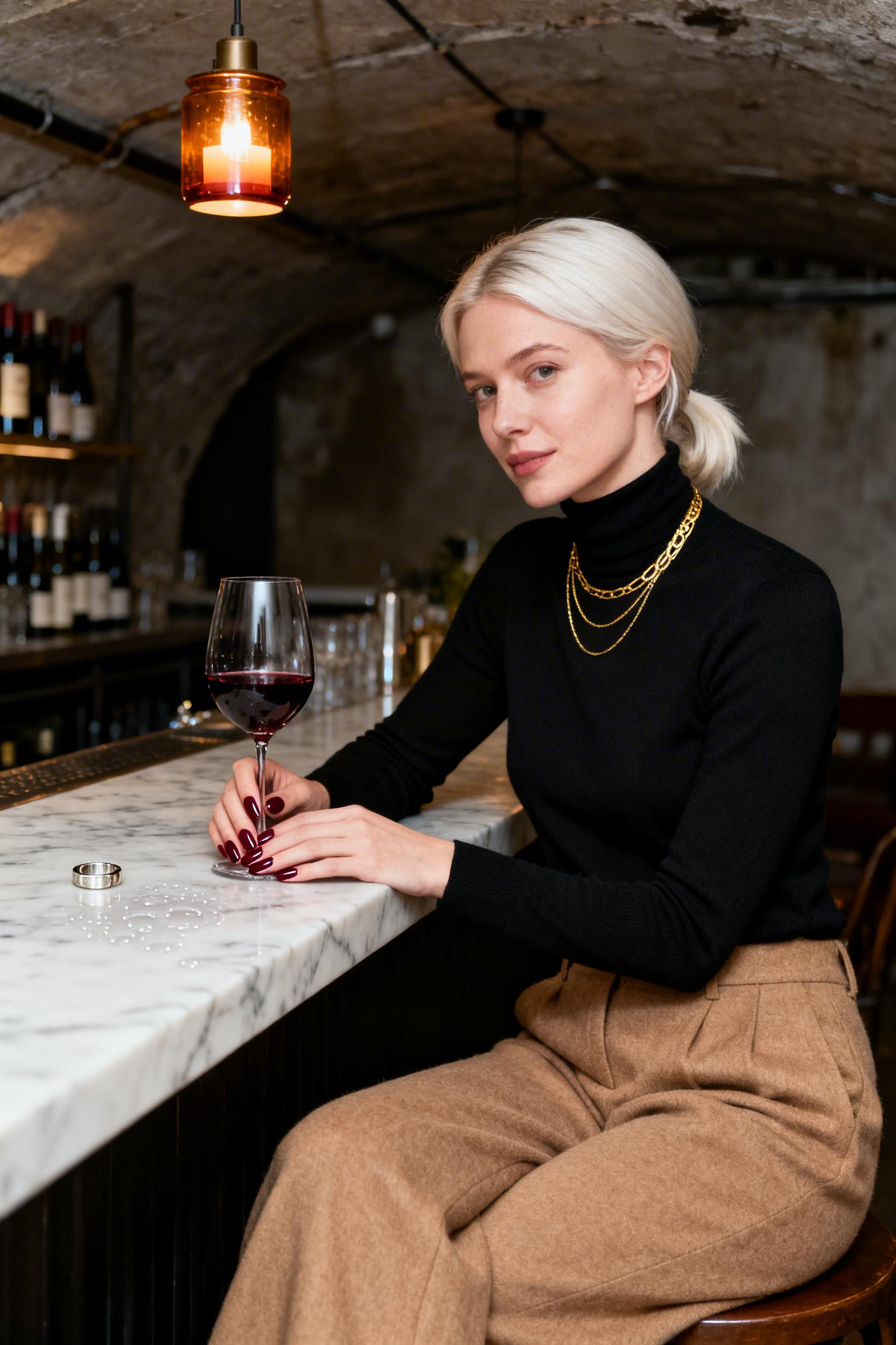 Dinner Date Night Outfit Winter - black turtleneck camel trousers
