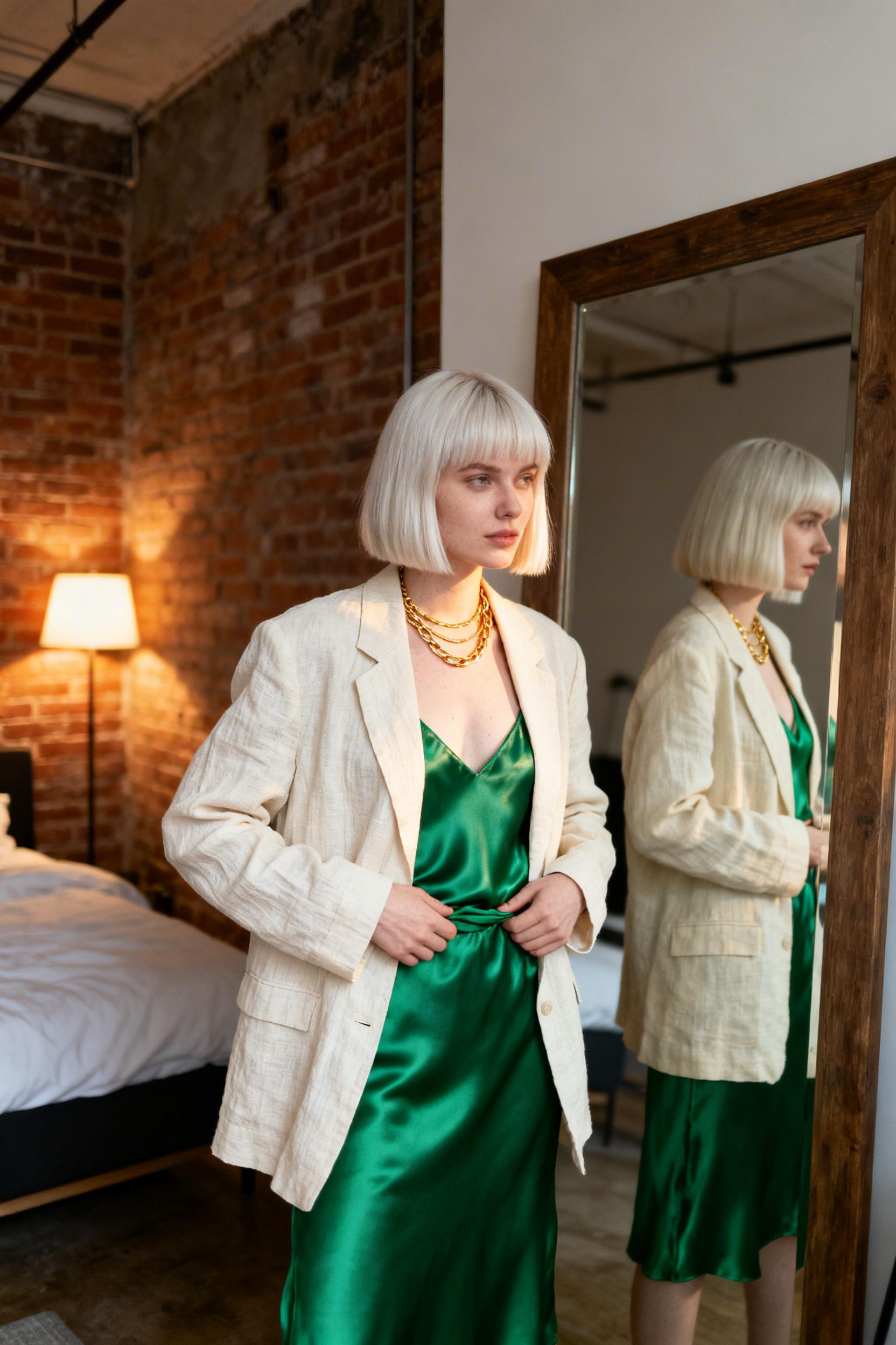 Warm Date Night Outfit - cream blazer emerald dress
