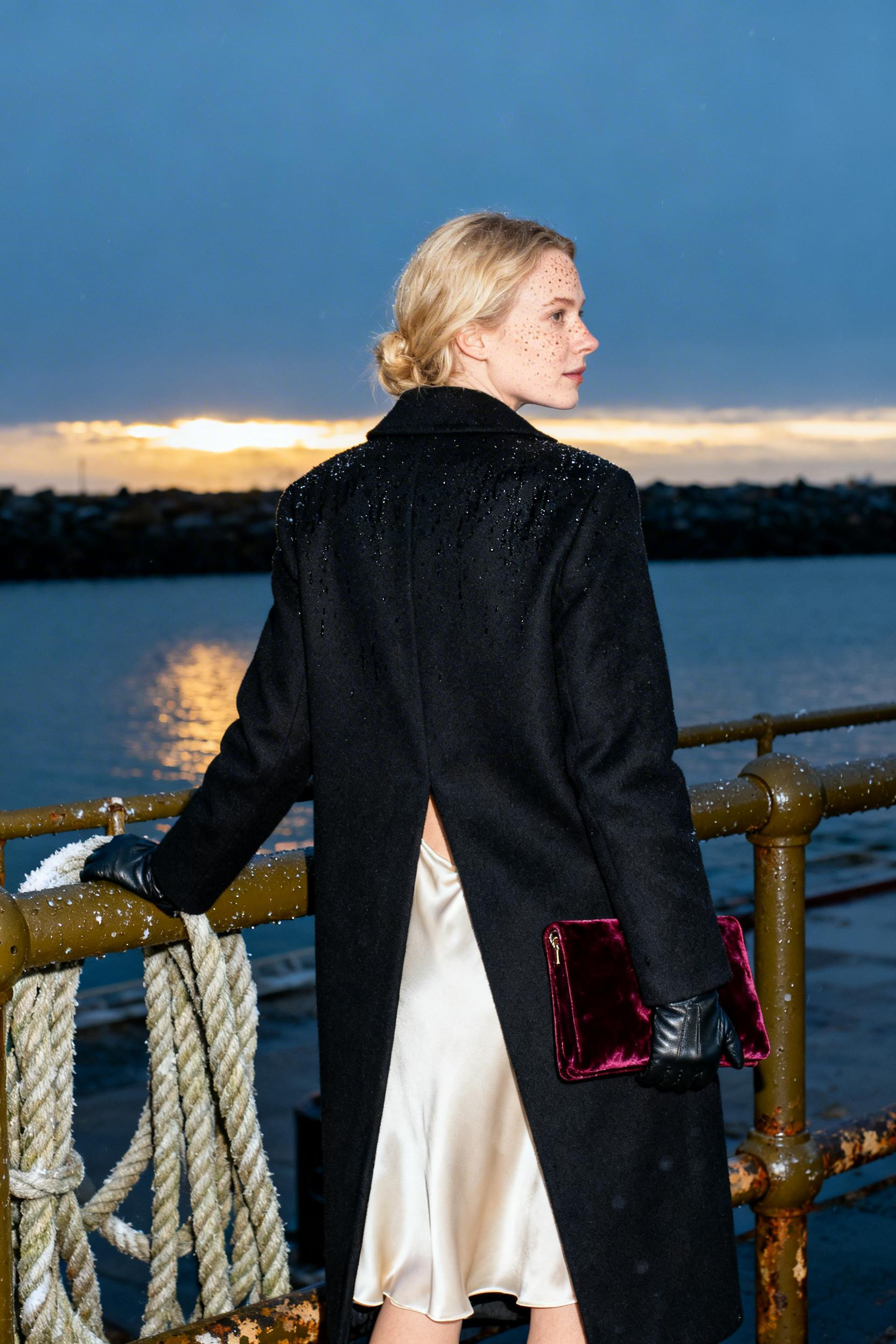 Winter Date Night Outfit Dressy - black coat cream slip