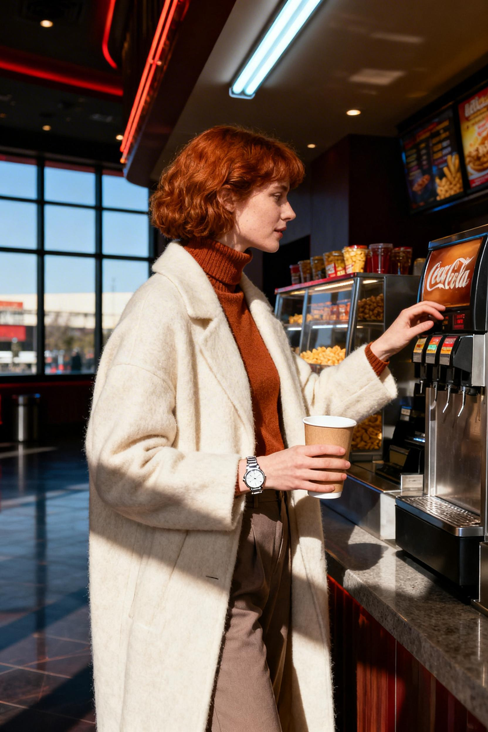 Movie Theater Date Outfit - cream coat caramel turtleneck