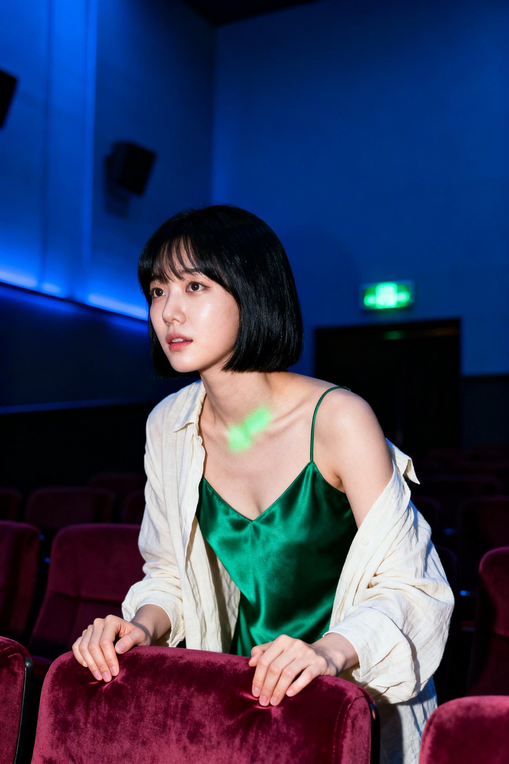 Movie Night Outfit Casual - emerald slip cream linen