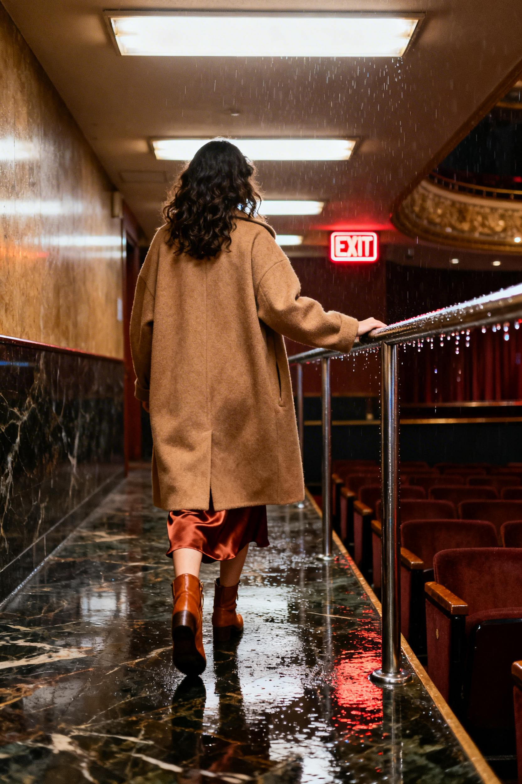 Chill Movie Date Outfit - camel coat rust slip dress