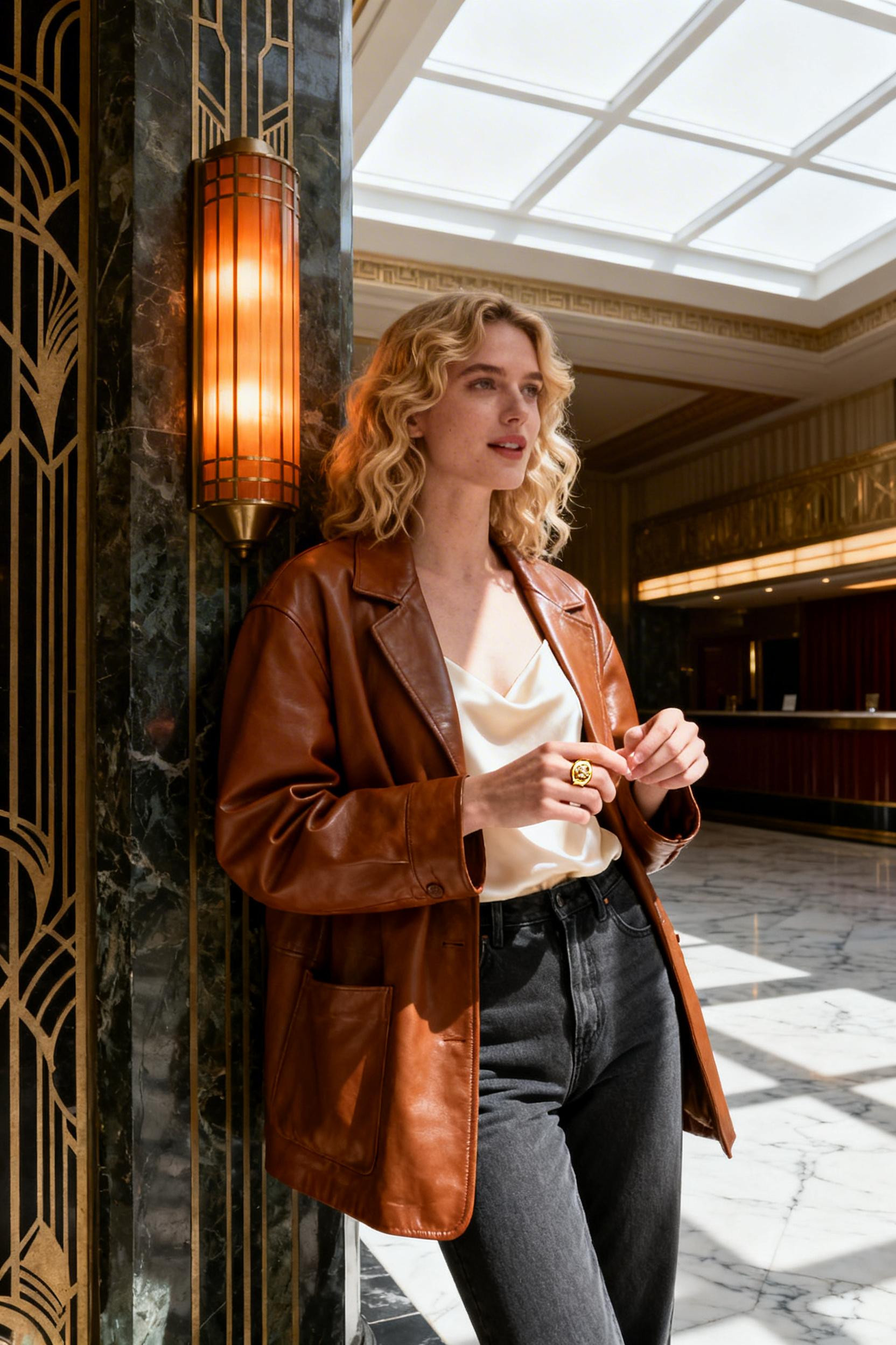 Movie Date Outfit Ideas Casual - cognac leather art deco