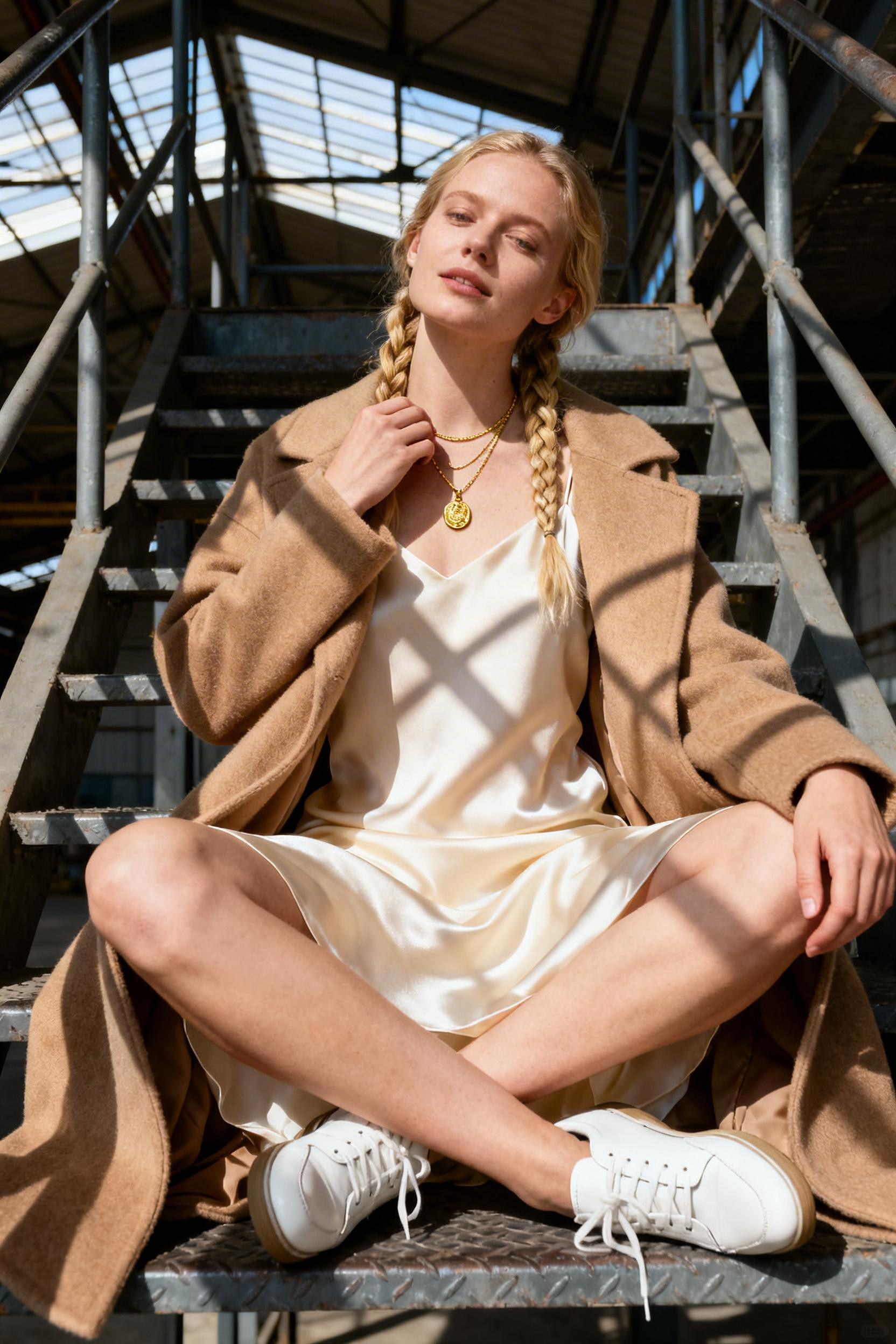 Cute Movie Date Outfits - camel coat slip dress sneakers