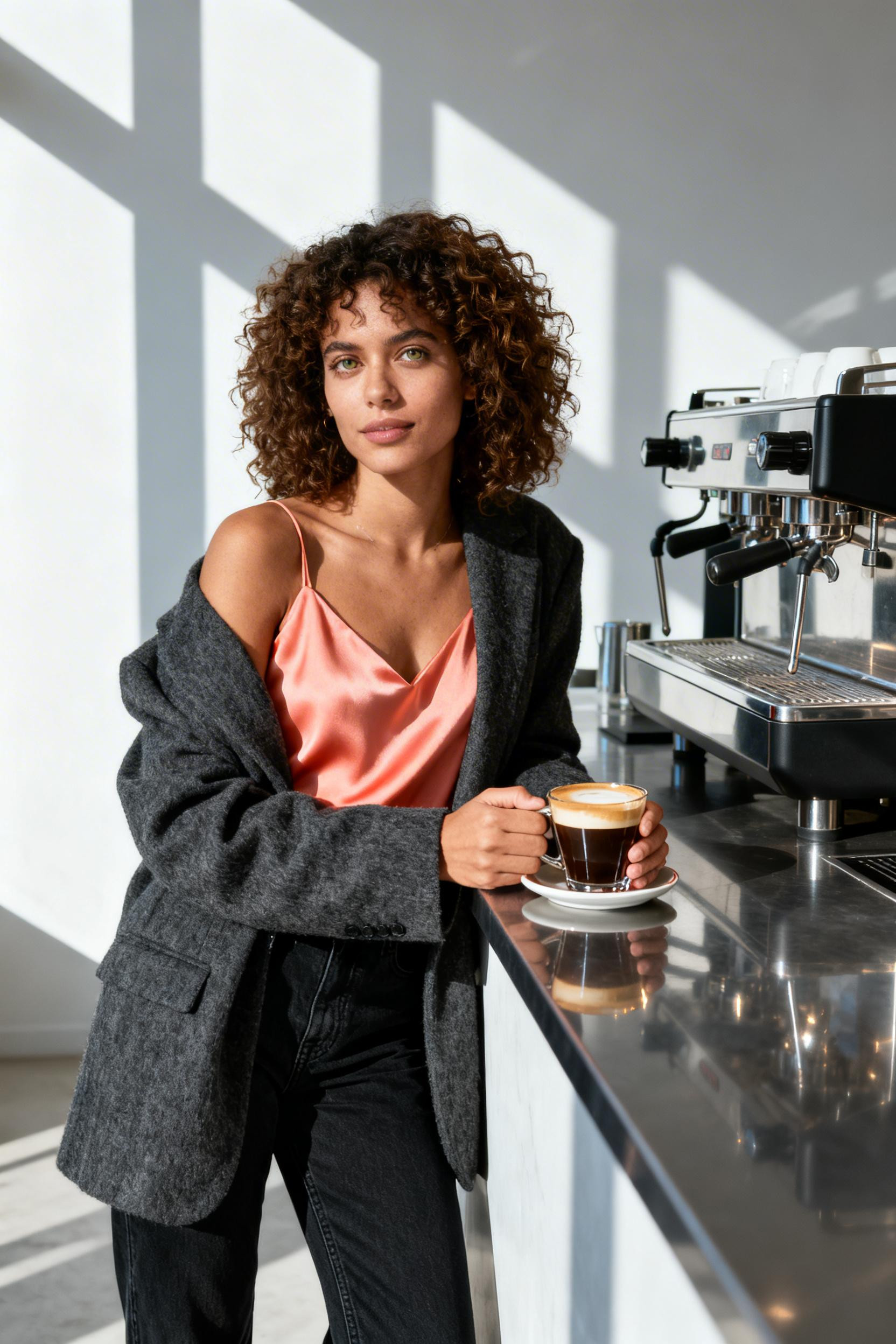 Cinema Date Outfit Ideas - charcoal blazer coral camisole