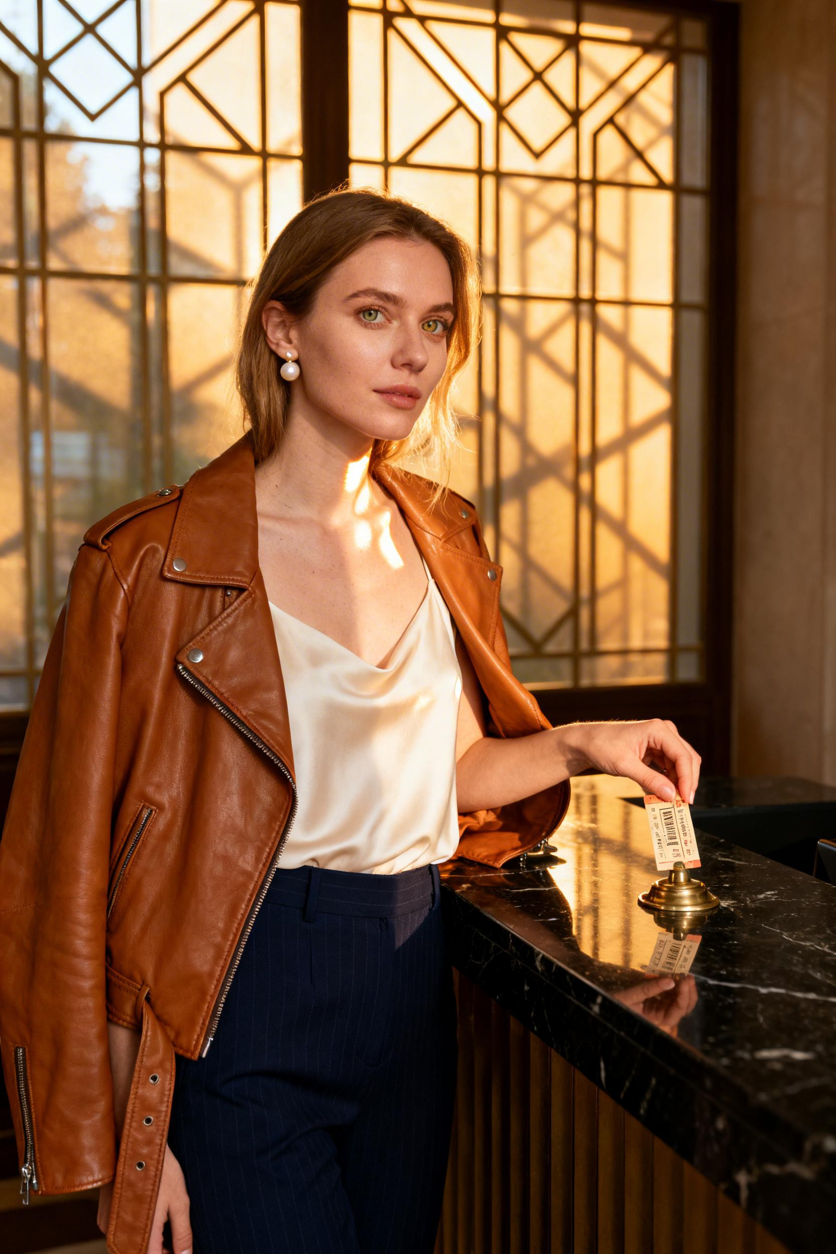 Movie Theater Date Outfit - cognac leather jacket navy trousers