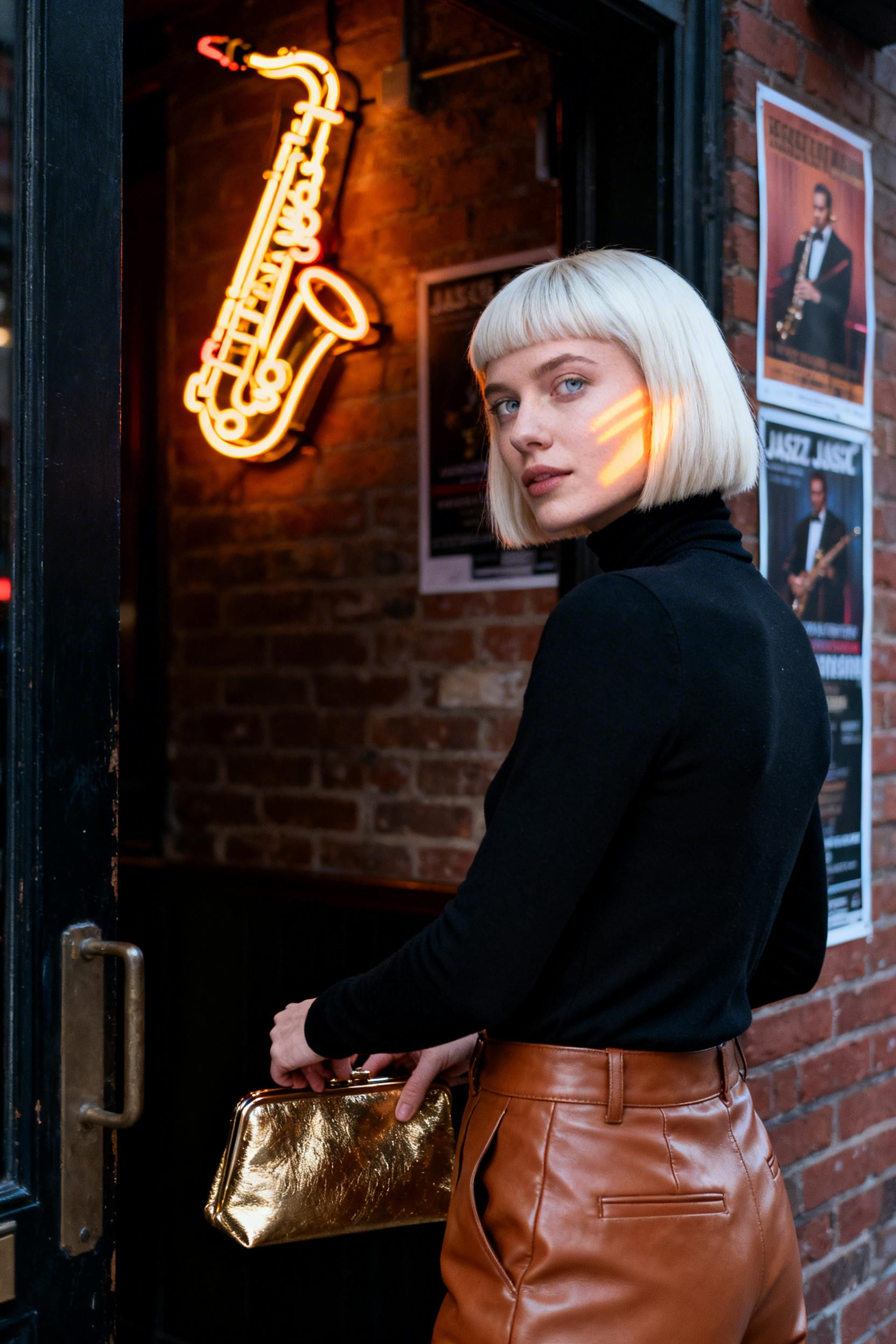 Fancy Dinner Date Outfit - black turtleneck cognac leather trousers