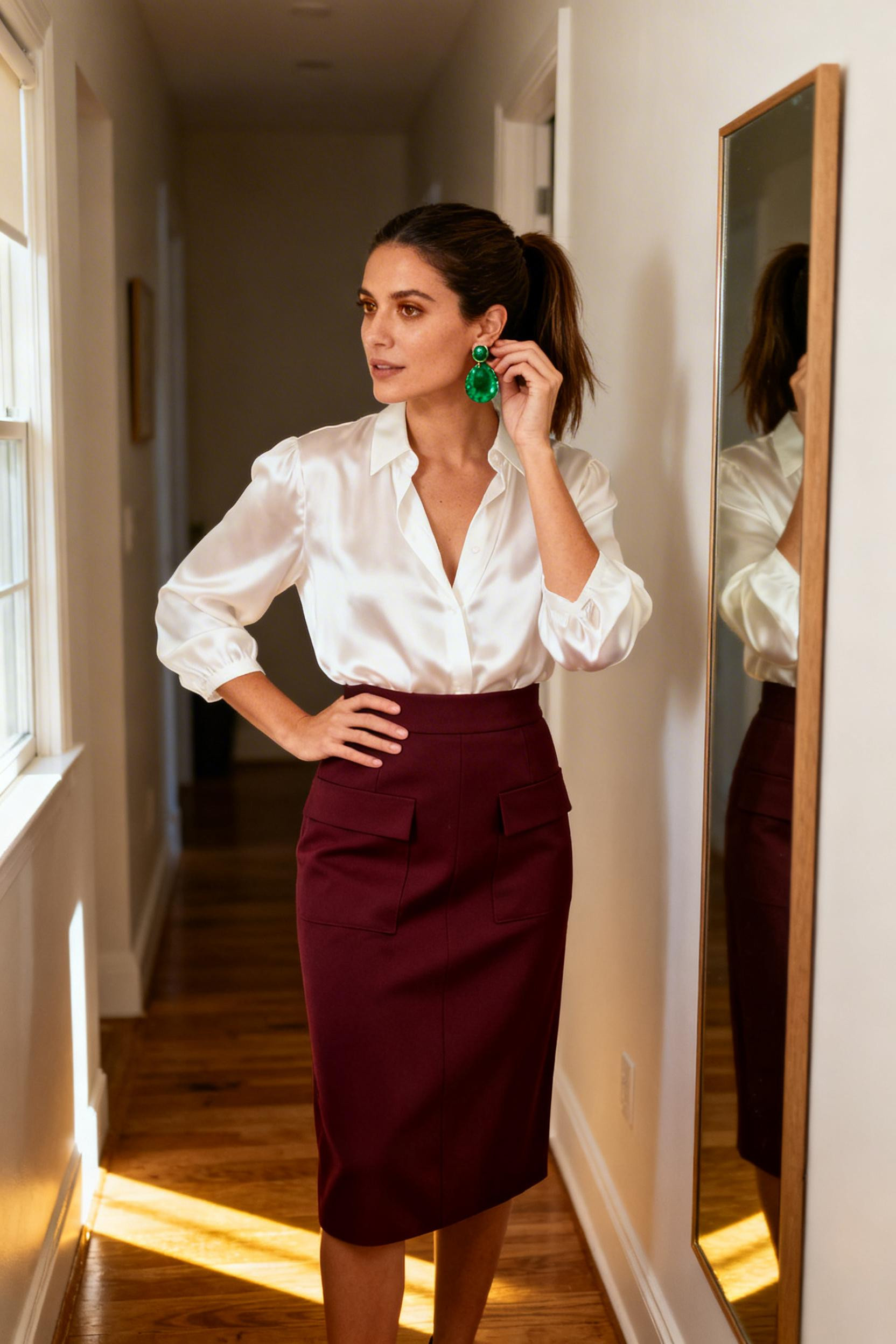Dressy Date Night Outfit - white silk blouse burgundy midi skirt