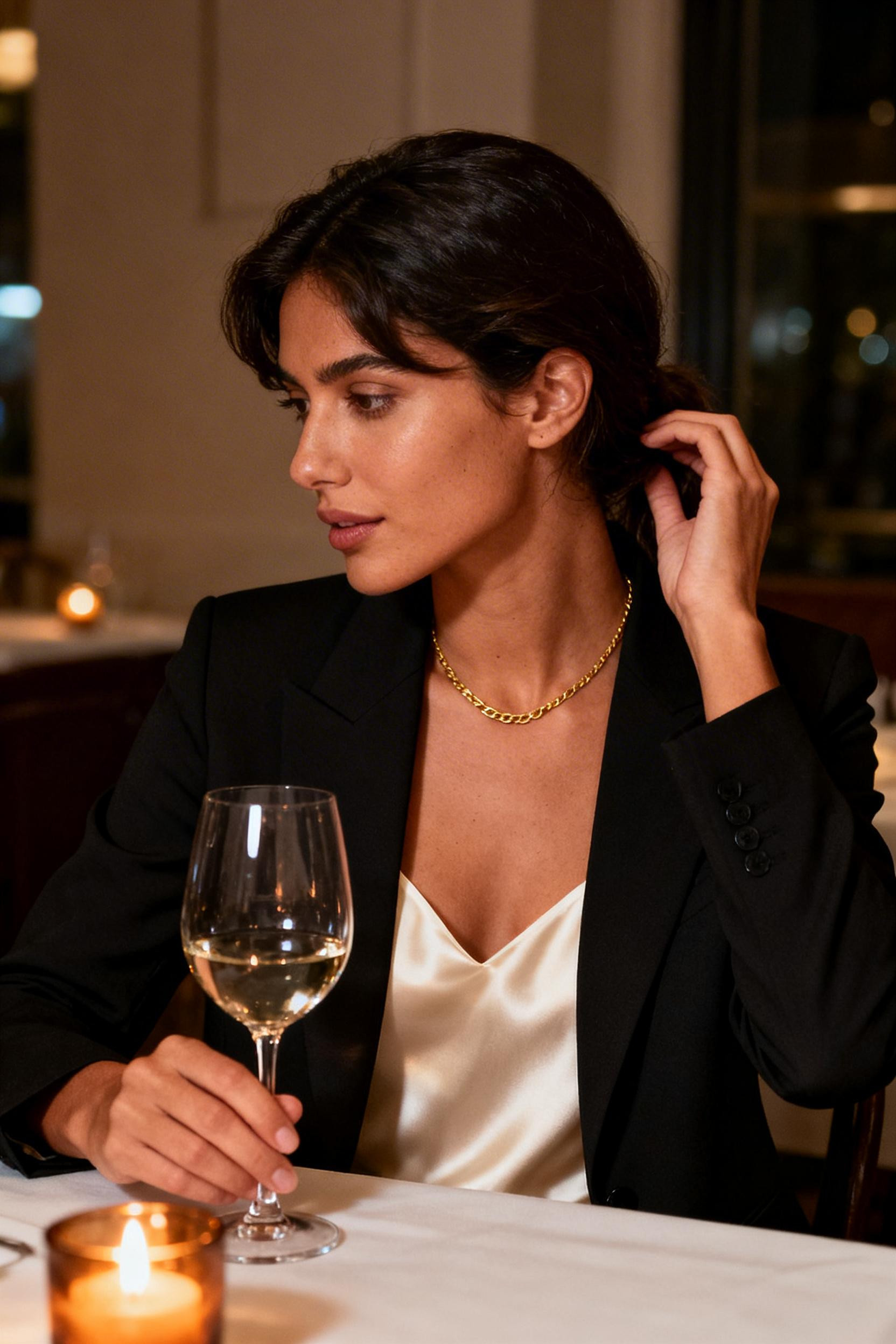 Simple Dinner Date Outfit - black blazer silk camisole
