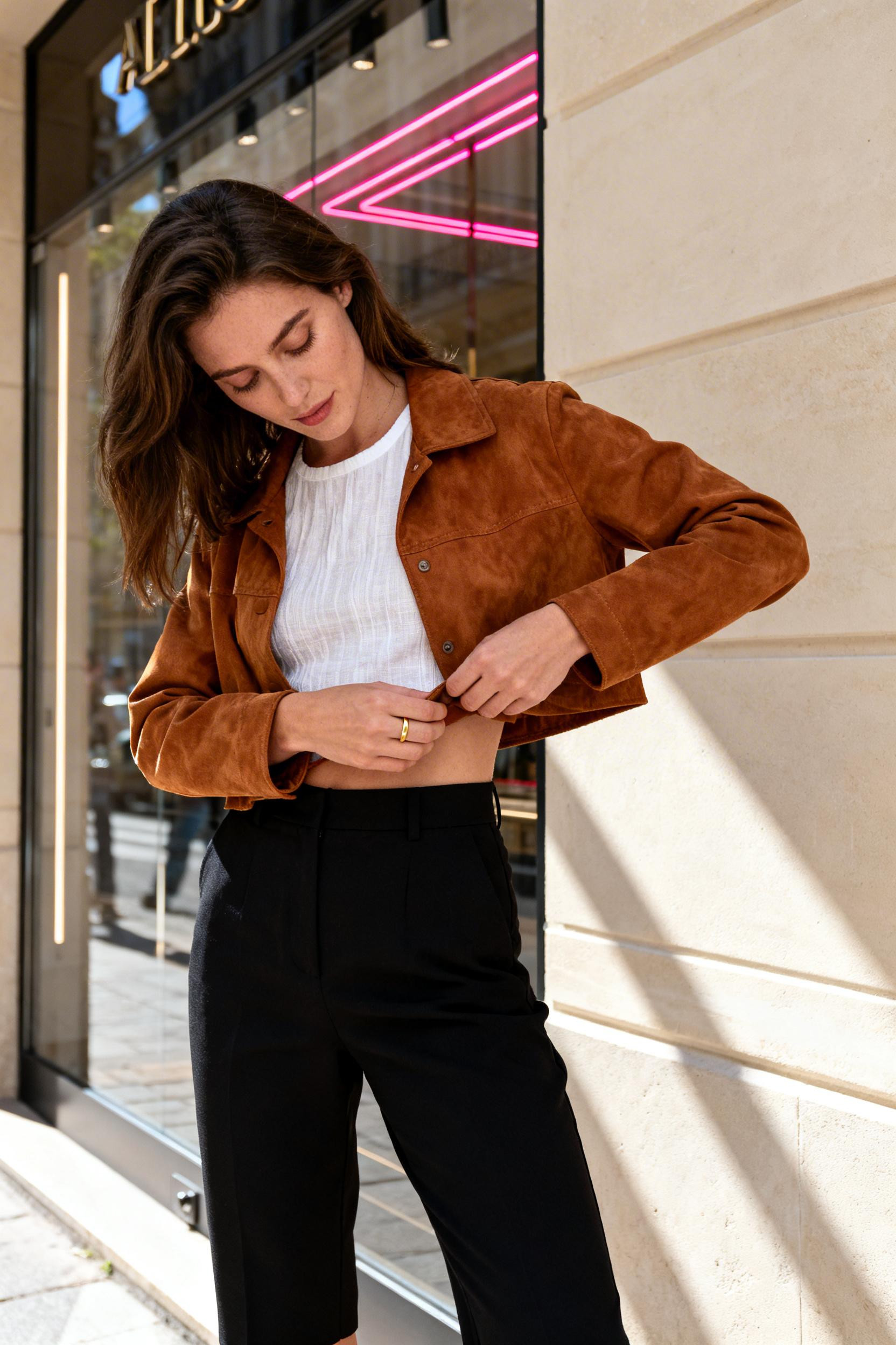 Date Night Looks Classy - suede jacket tailored pants