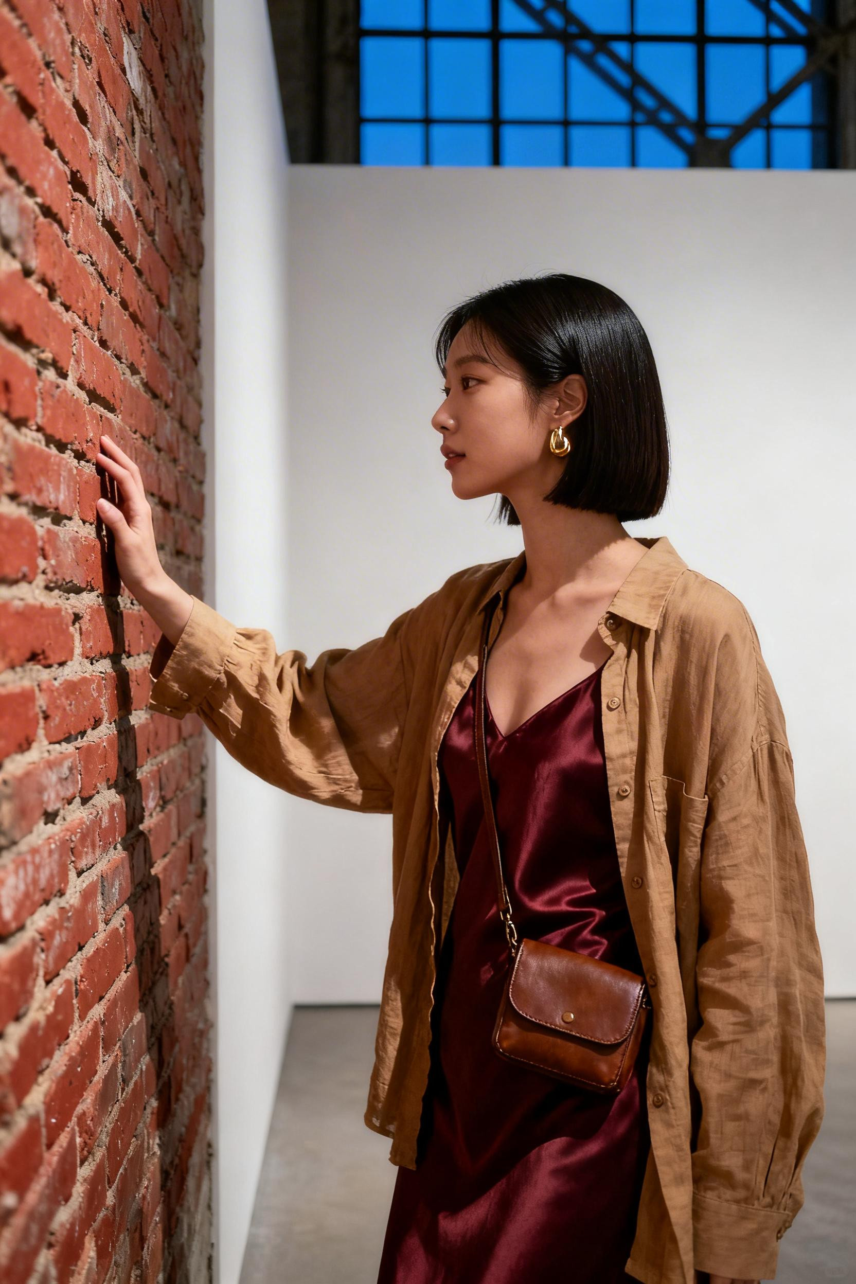 Date Night Looks - burgundy slip camel overshirt