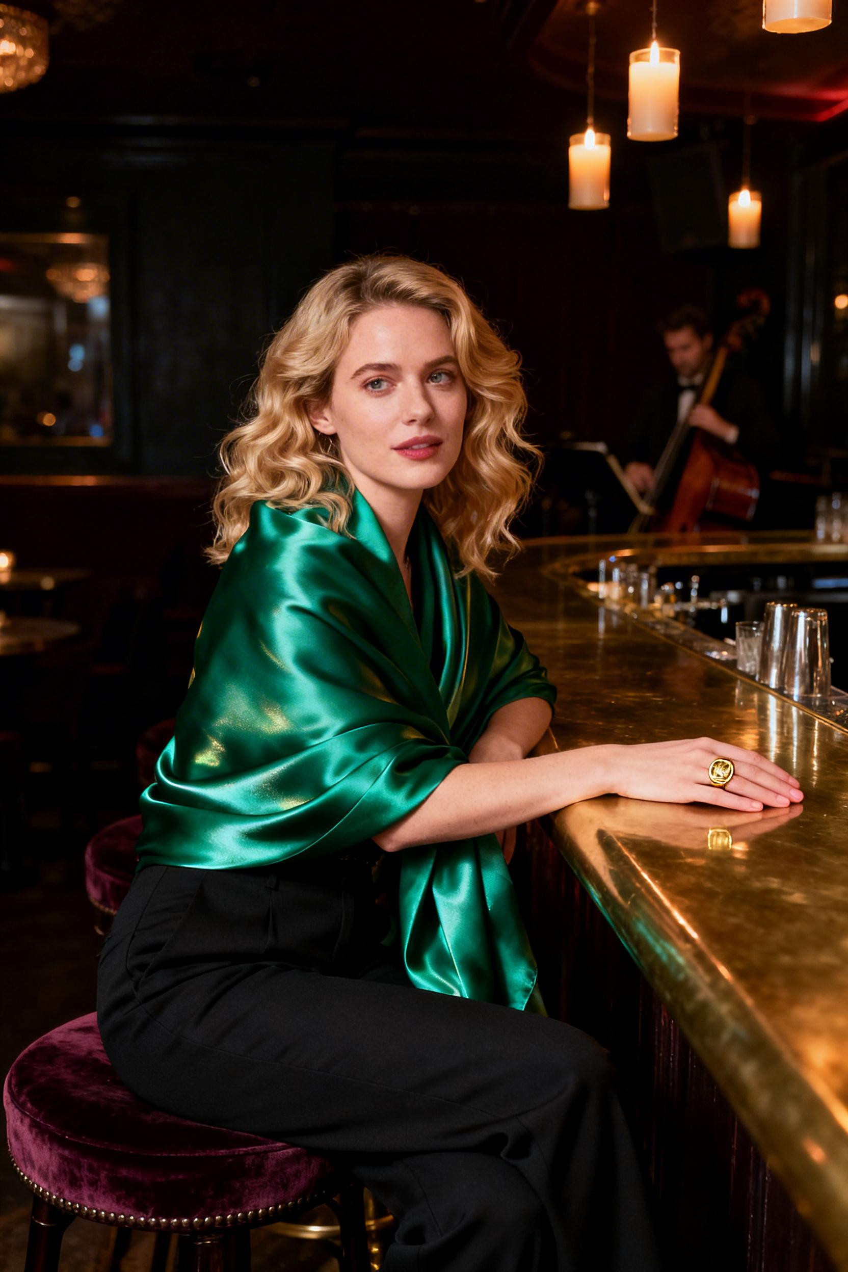 Fancy Date Night Outfit - emerald satin wrap black pants