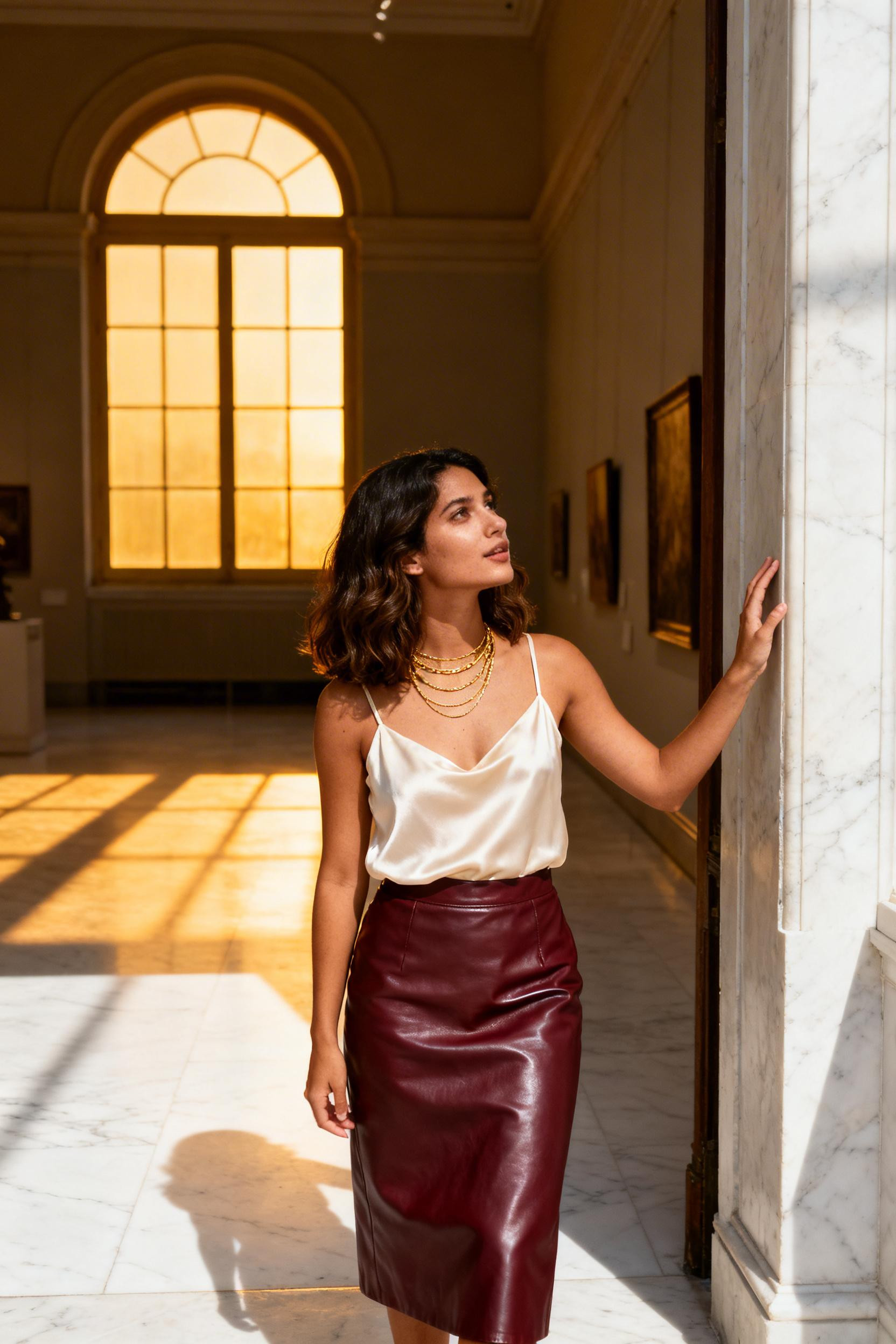 Outfit Ideas For Dinner Date Night Out - burgundy leather skirt cream cami