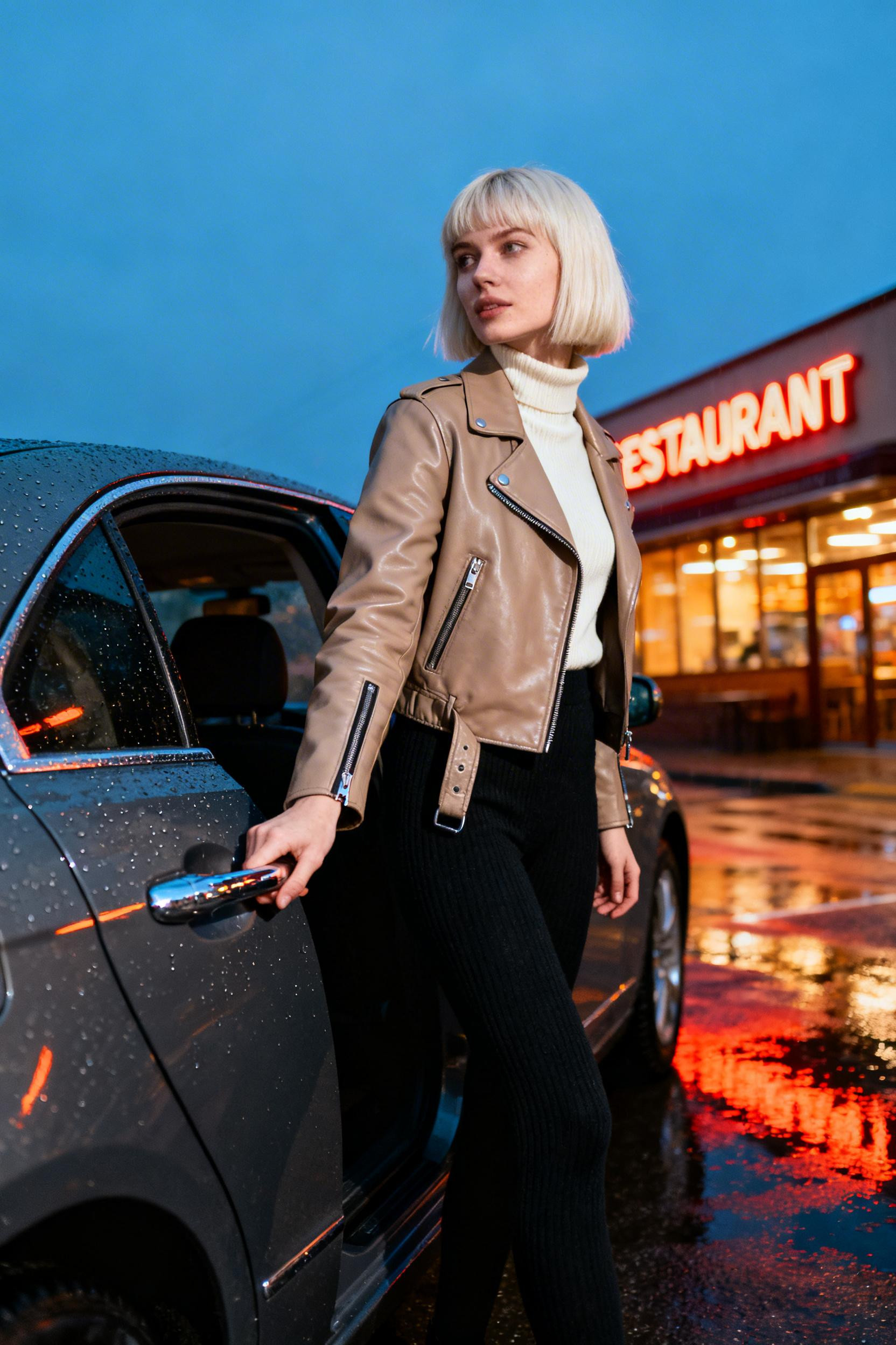 Cozy Date Night Outfit - taupe leather jacket