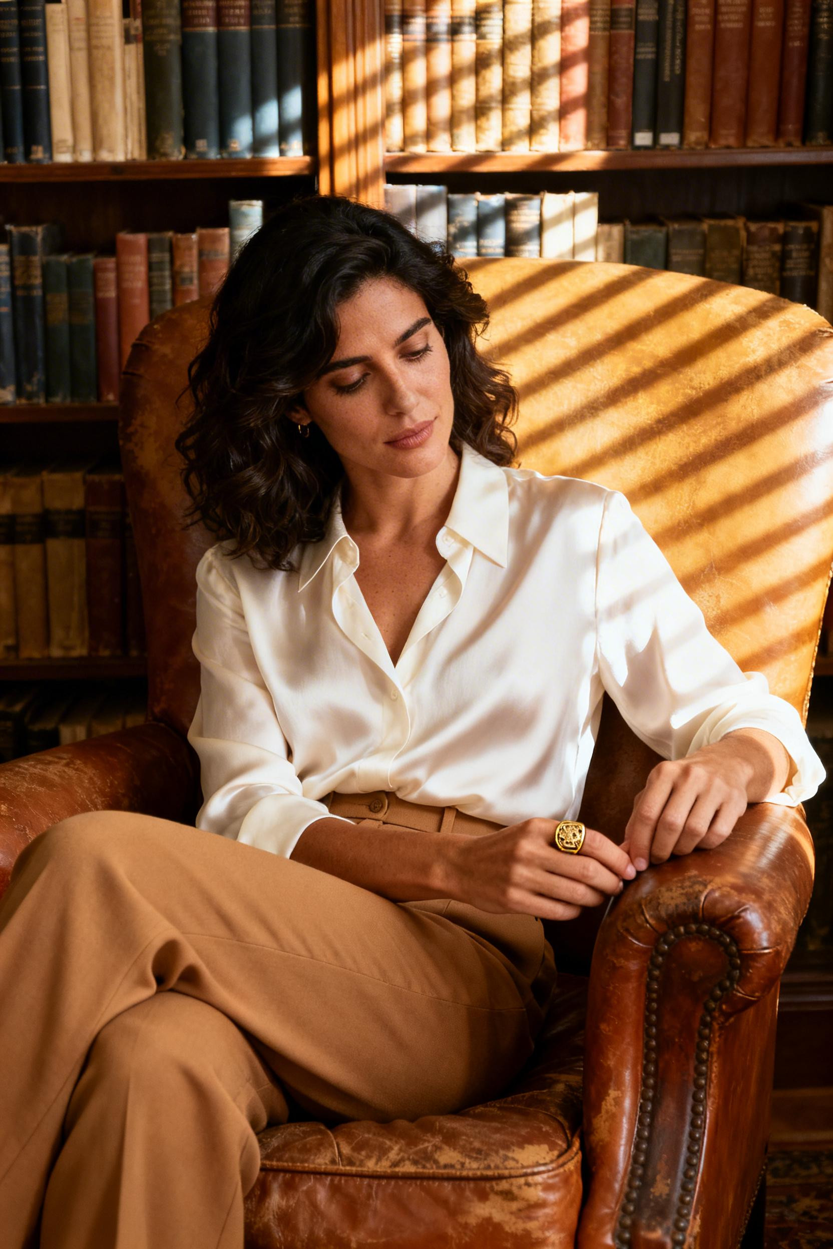 Old Money Clothes - ivory silk blouse camel trousers