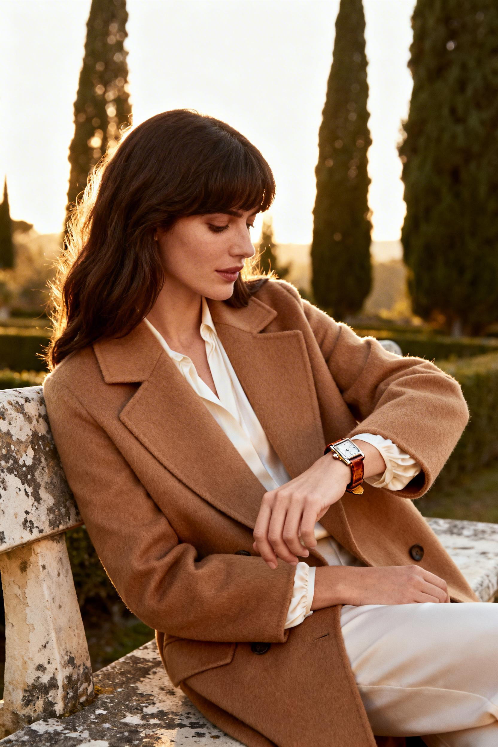 Old Money Fashion - caramel wool coat ivory blouse