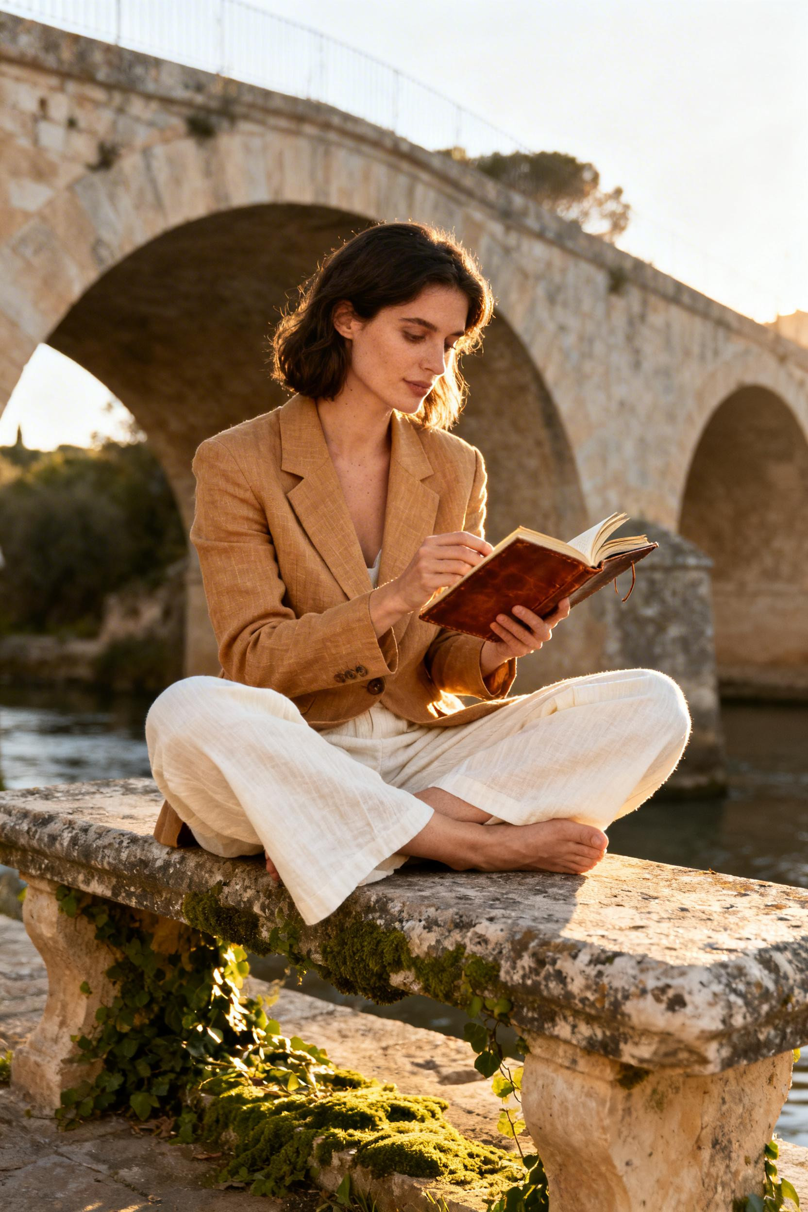 Beach Outfit - camel blazer bench