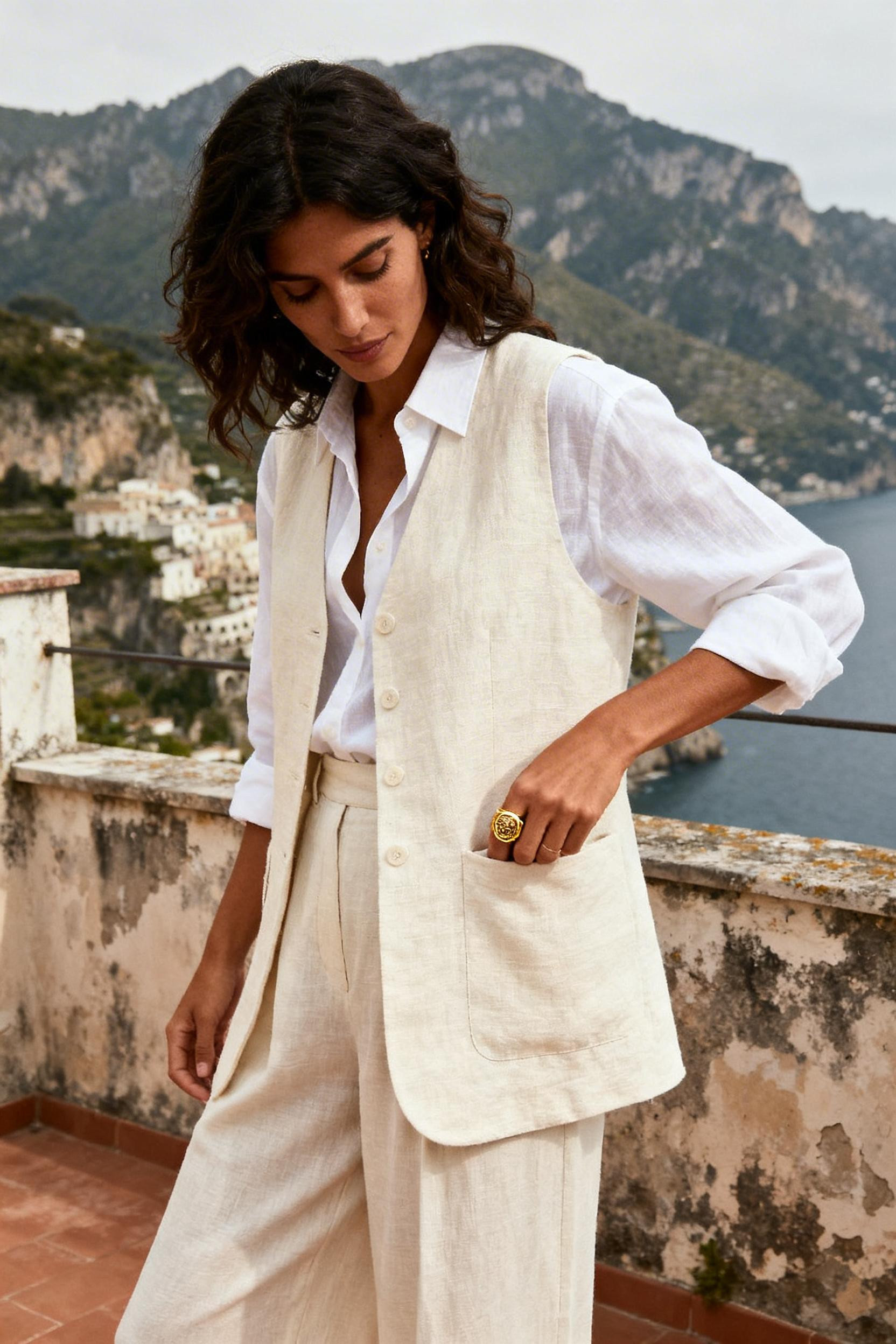 Old Money Aesthetic Outfit - ivory vest terrace