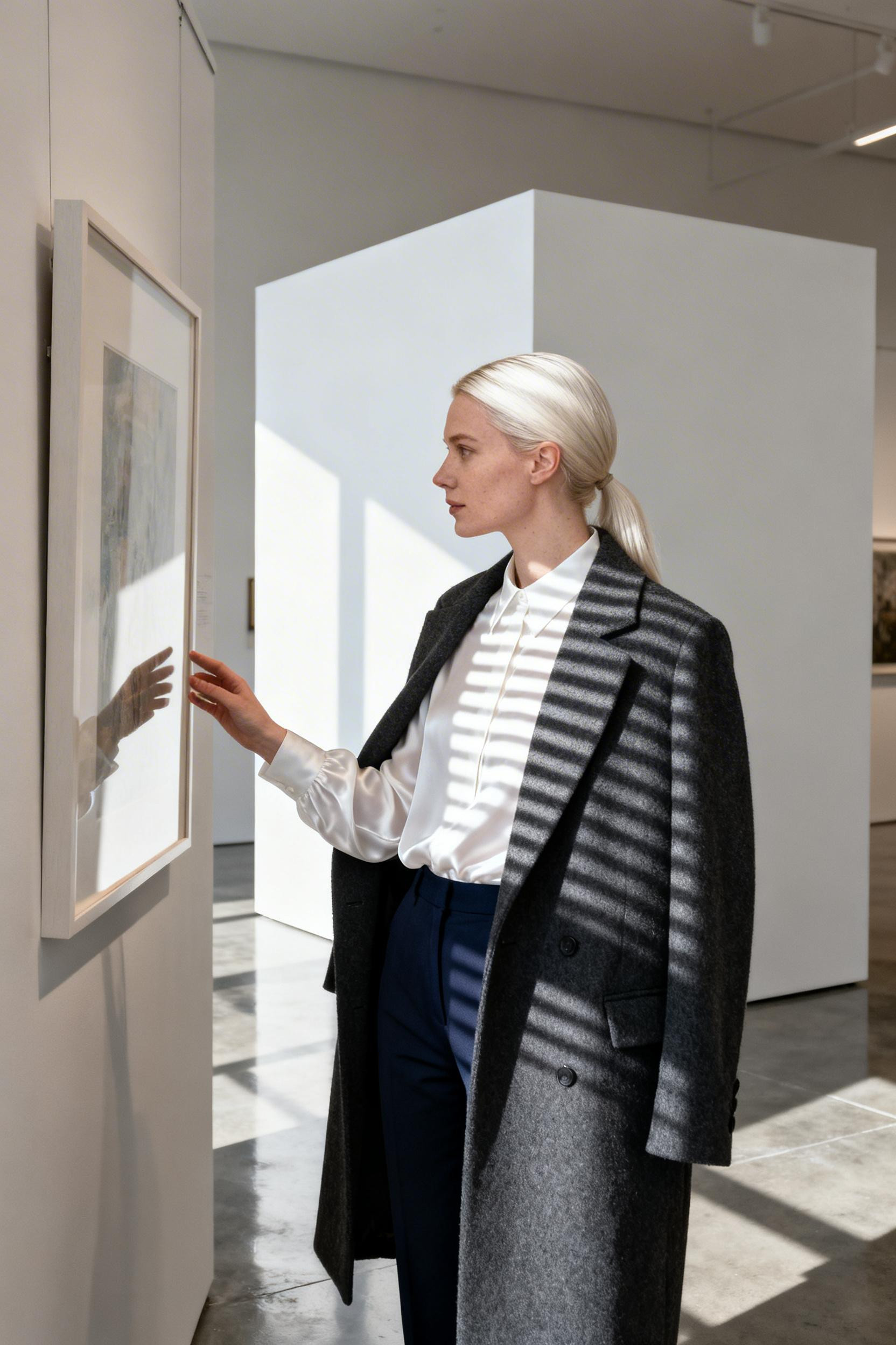Modest Fashion Outfits - charcoal coat white blouse navy trousers