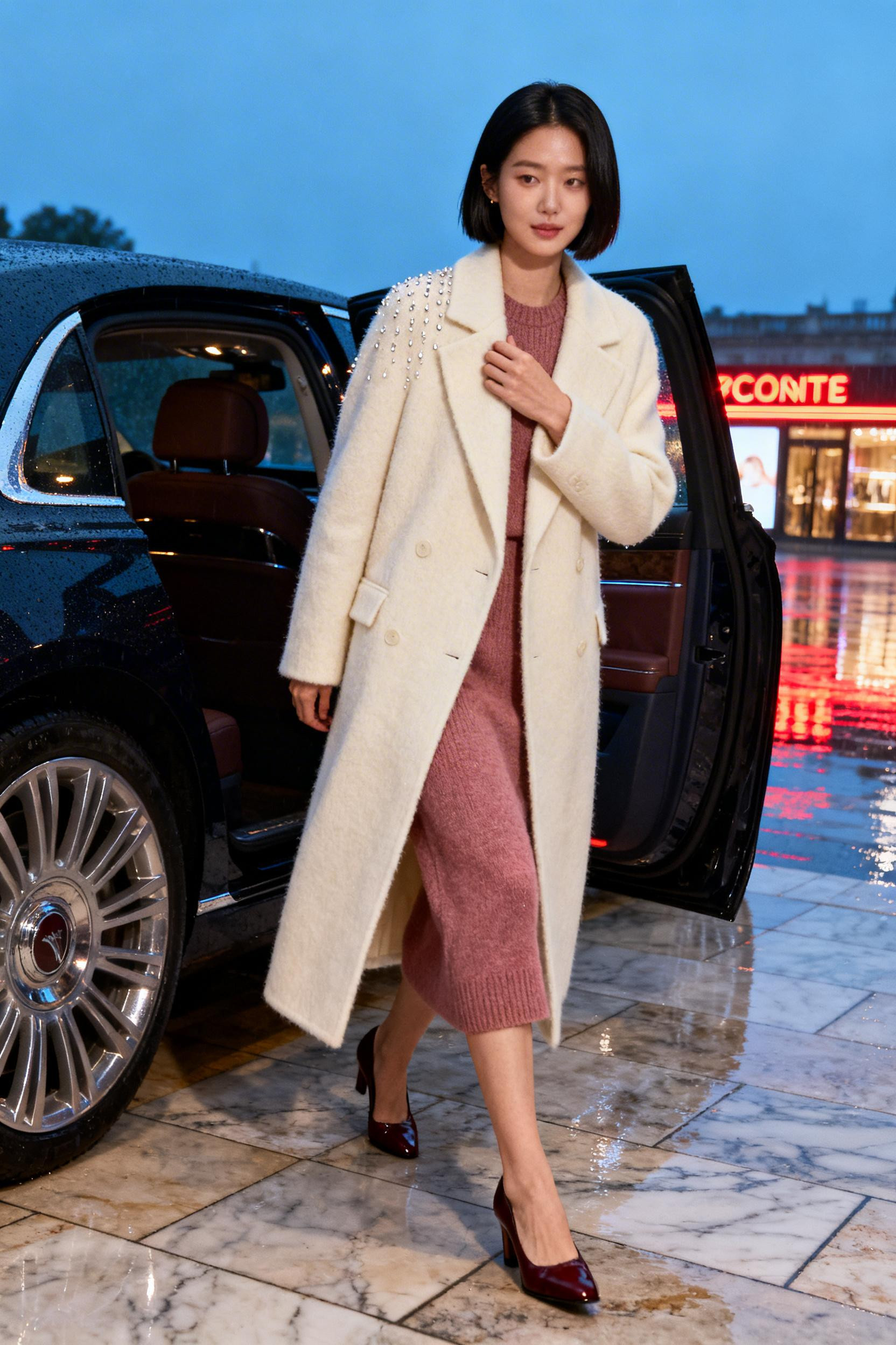 Classy Winter Outfits - cream overcoat rose cashmere dress