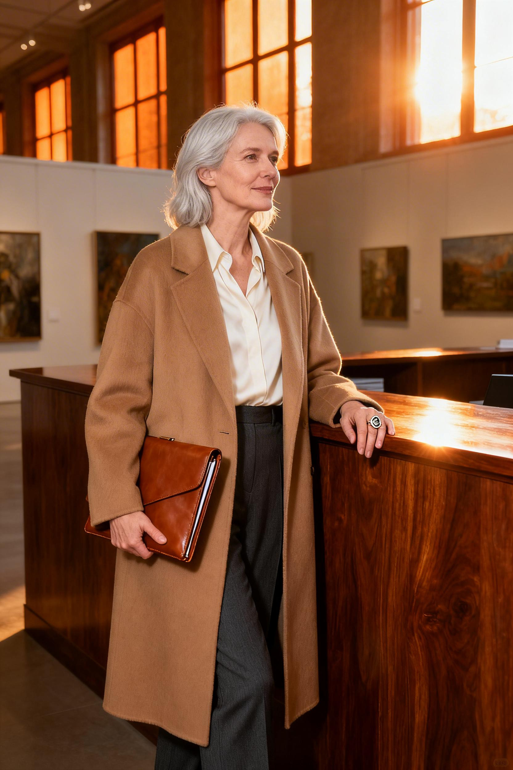 Cold Weather Outfits - camel coat cream blouse charcoal trousers