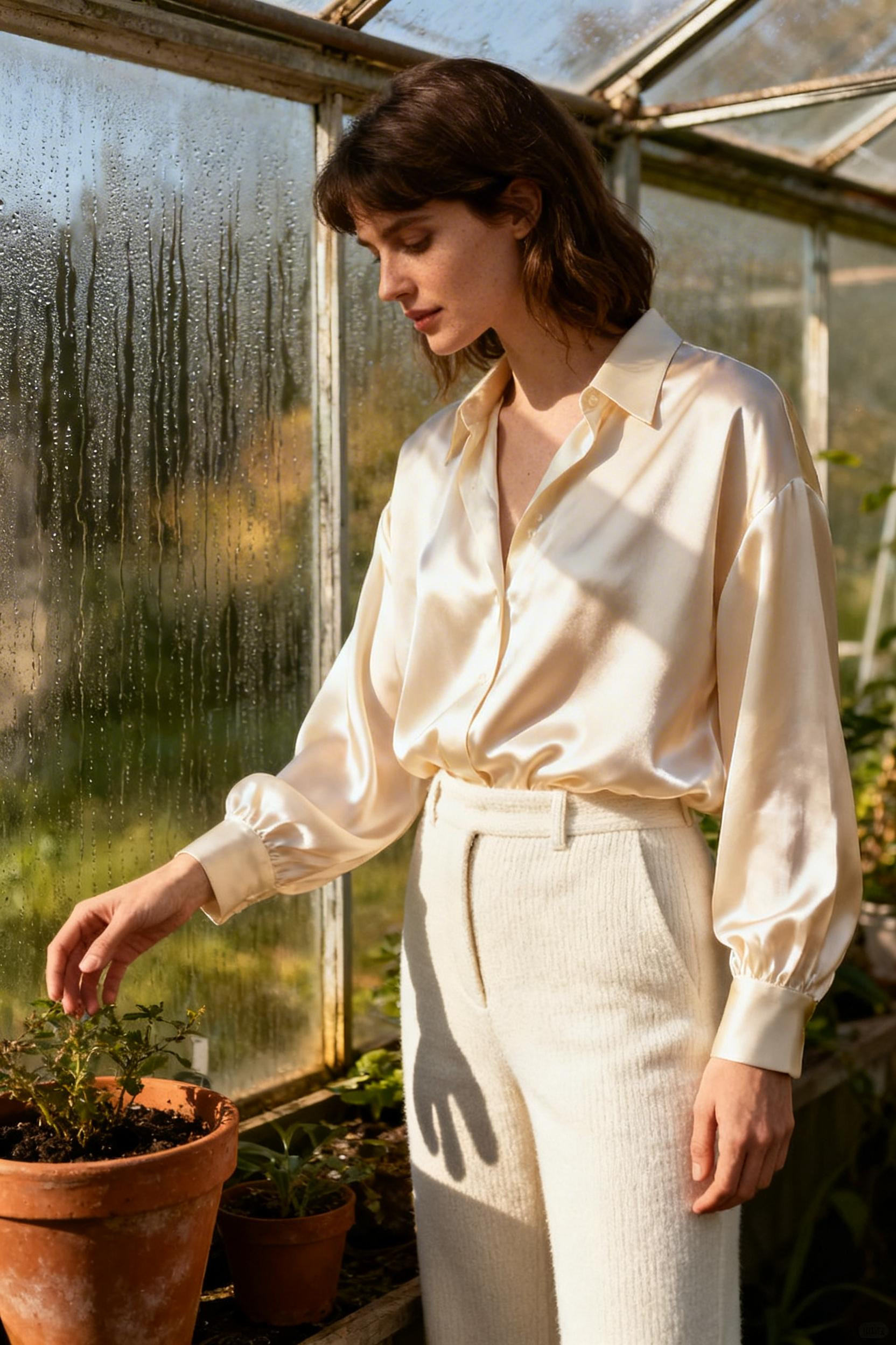 Elegant Dresses Classy - cream silk shirt ivory trousers