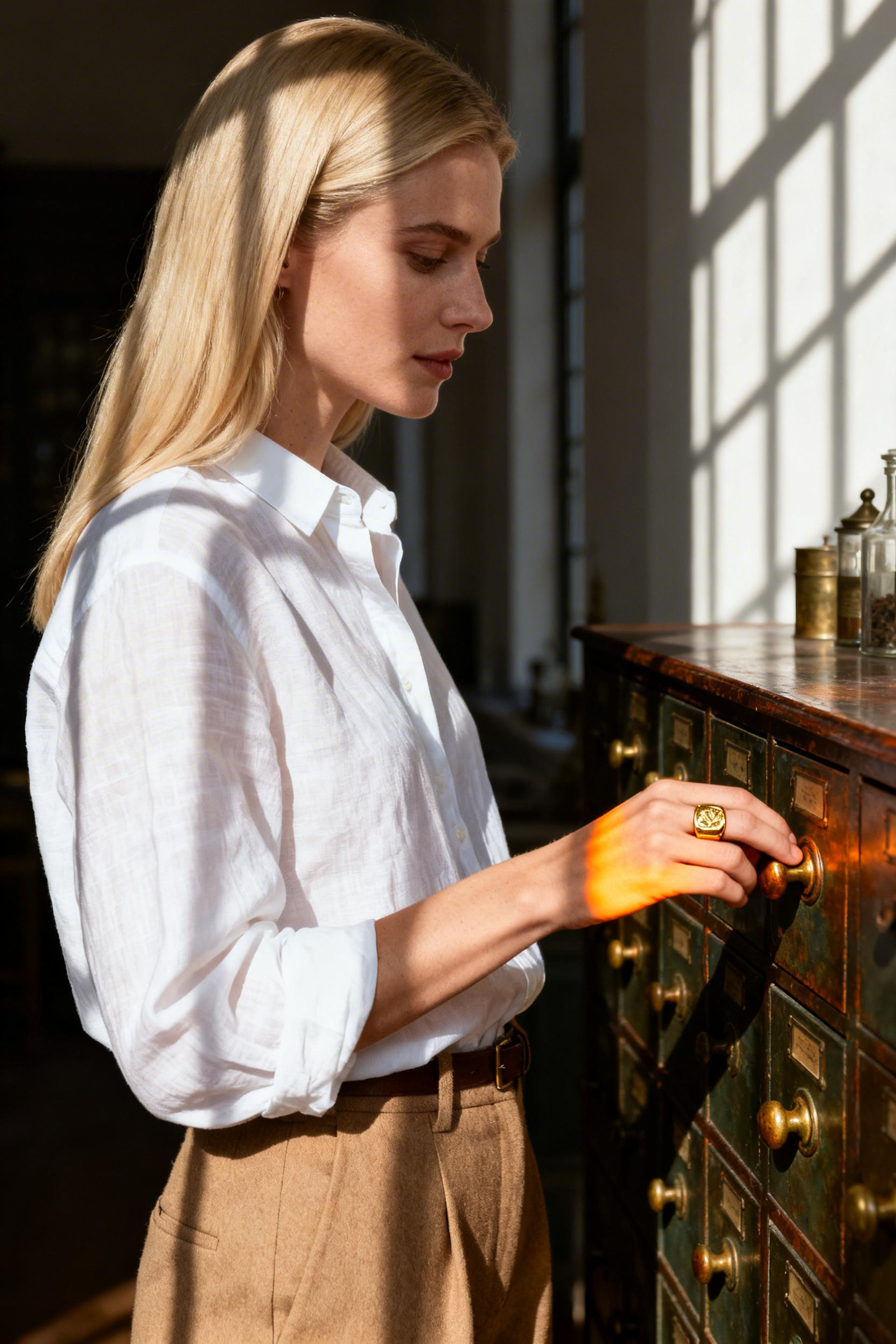 Soft Feminine Outfits - camel trousers white blouse