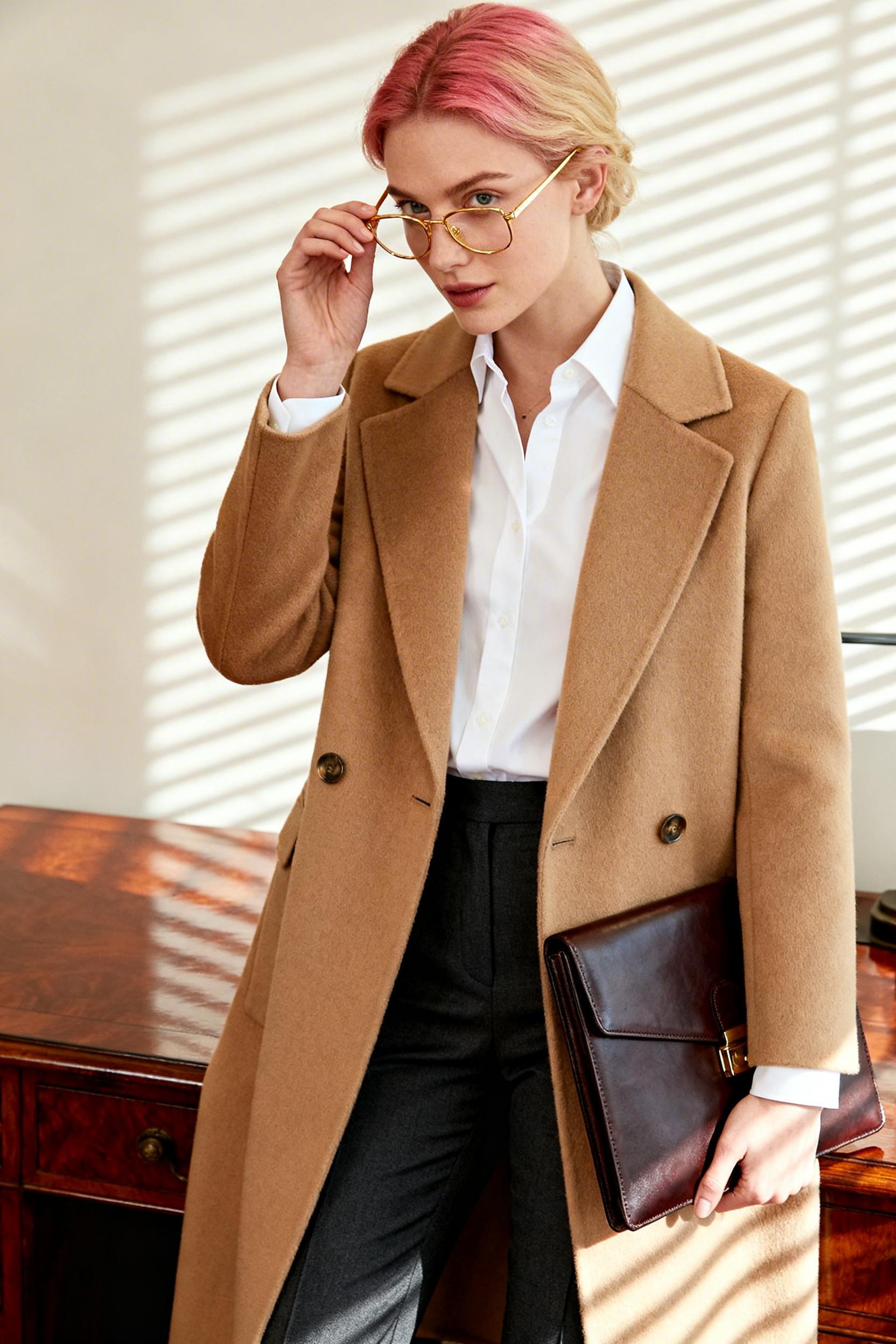 Formal Outfits For Women - camel coat charcoal trousers white shirt