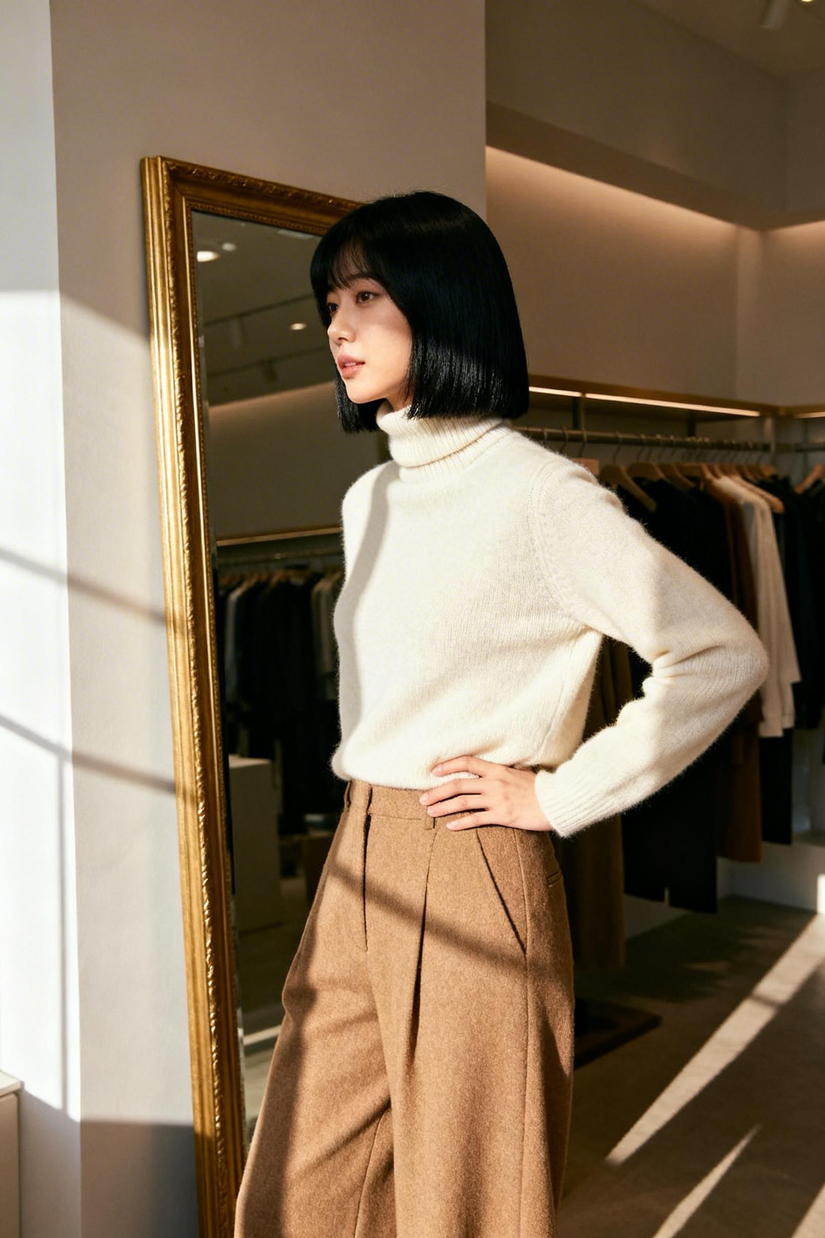 Old Money Fashion - cream cashmere turtleneck camel wide-leg trousers
