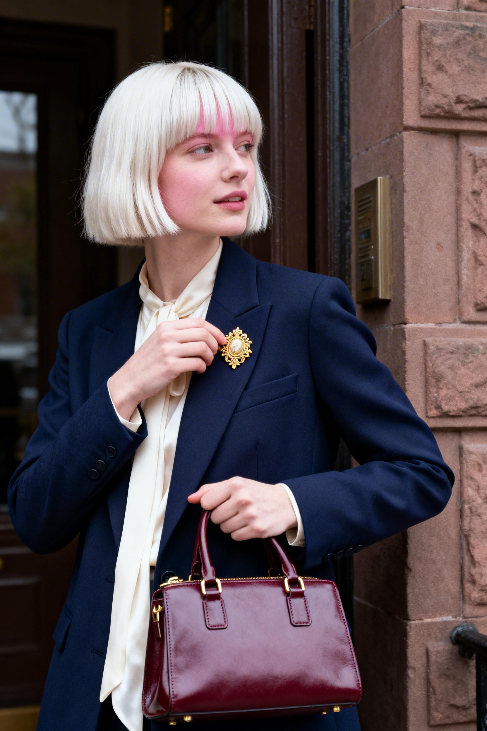 Old Money Style Outfits - navy blazer cream blouse gold brooch