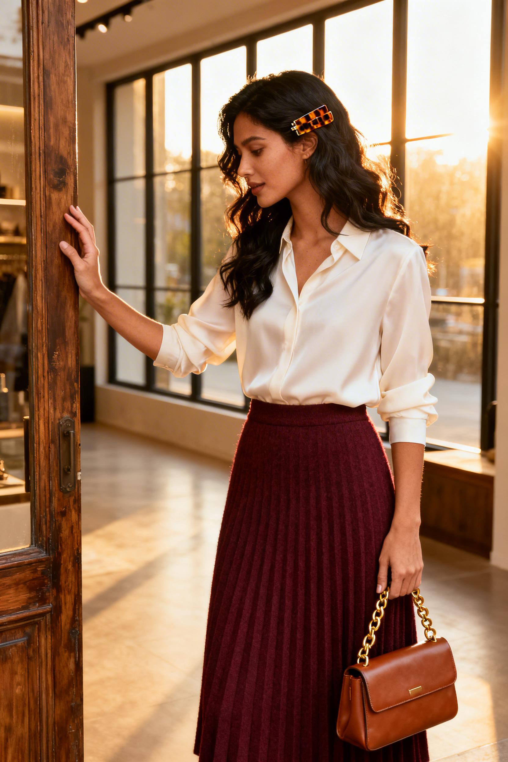 Old Money Aesthetic Outfit - burgundy midi skirt cream blouse