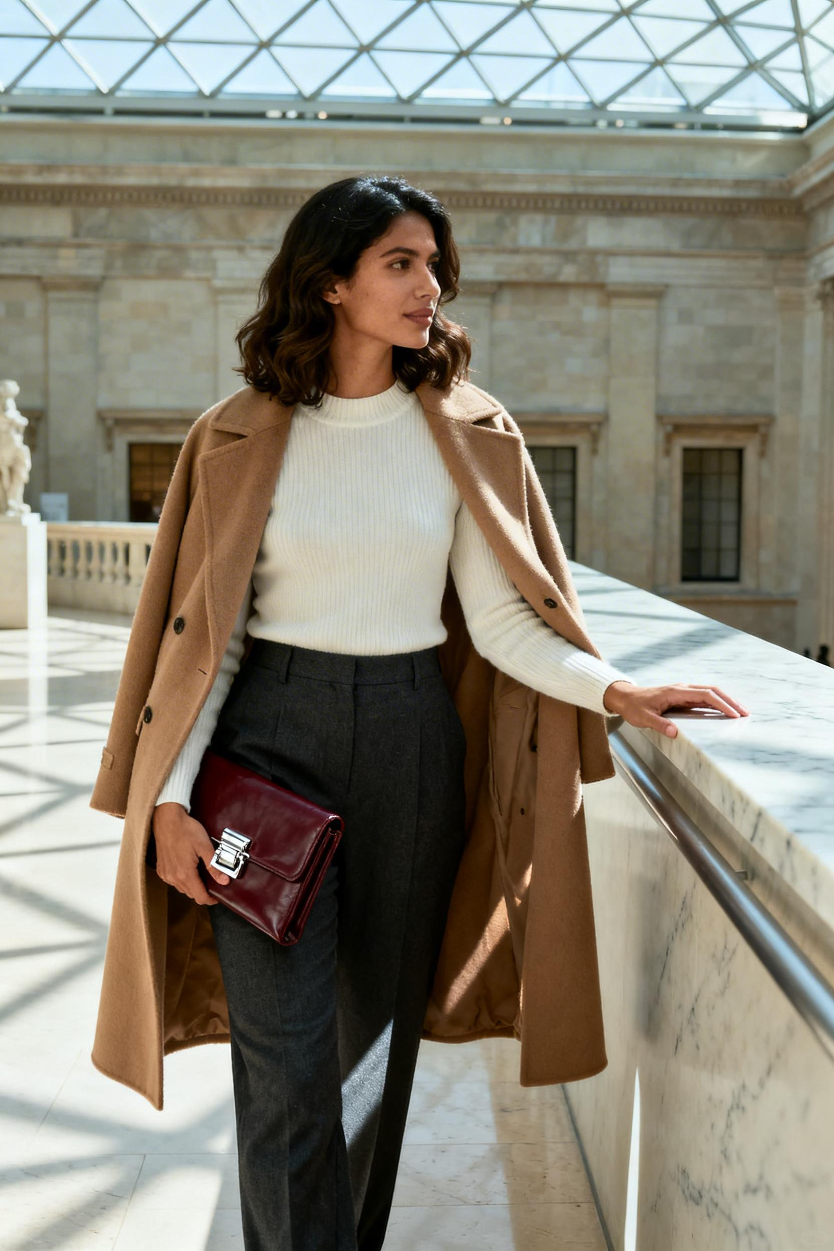 Quiet Luxury - charcoal trousers ivory sweater camel coat