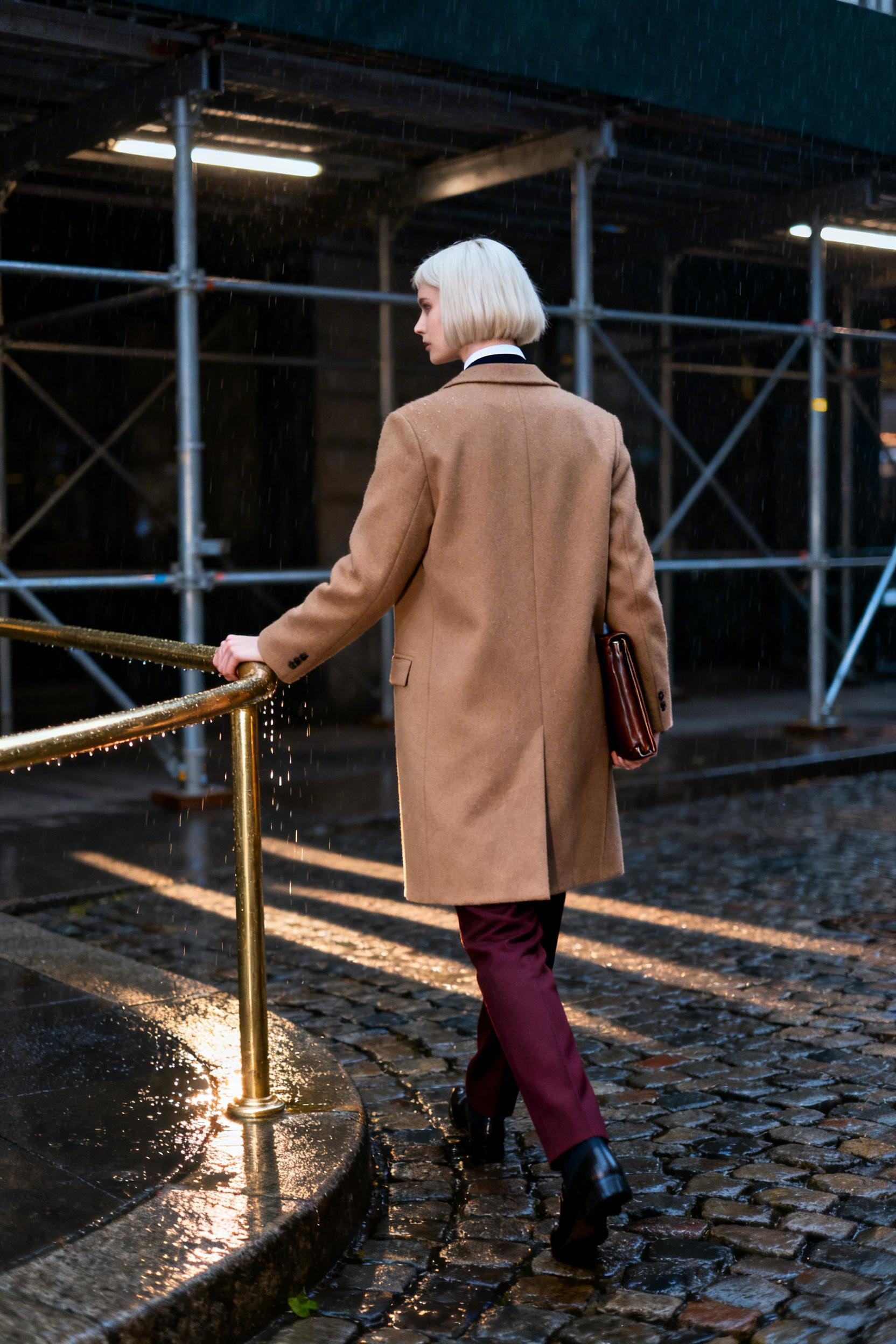 Curtain Bangs - camel coat burgundy trousers
