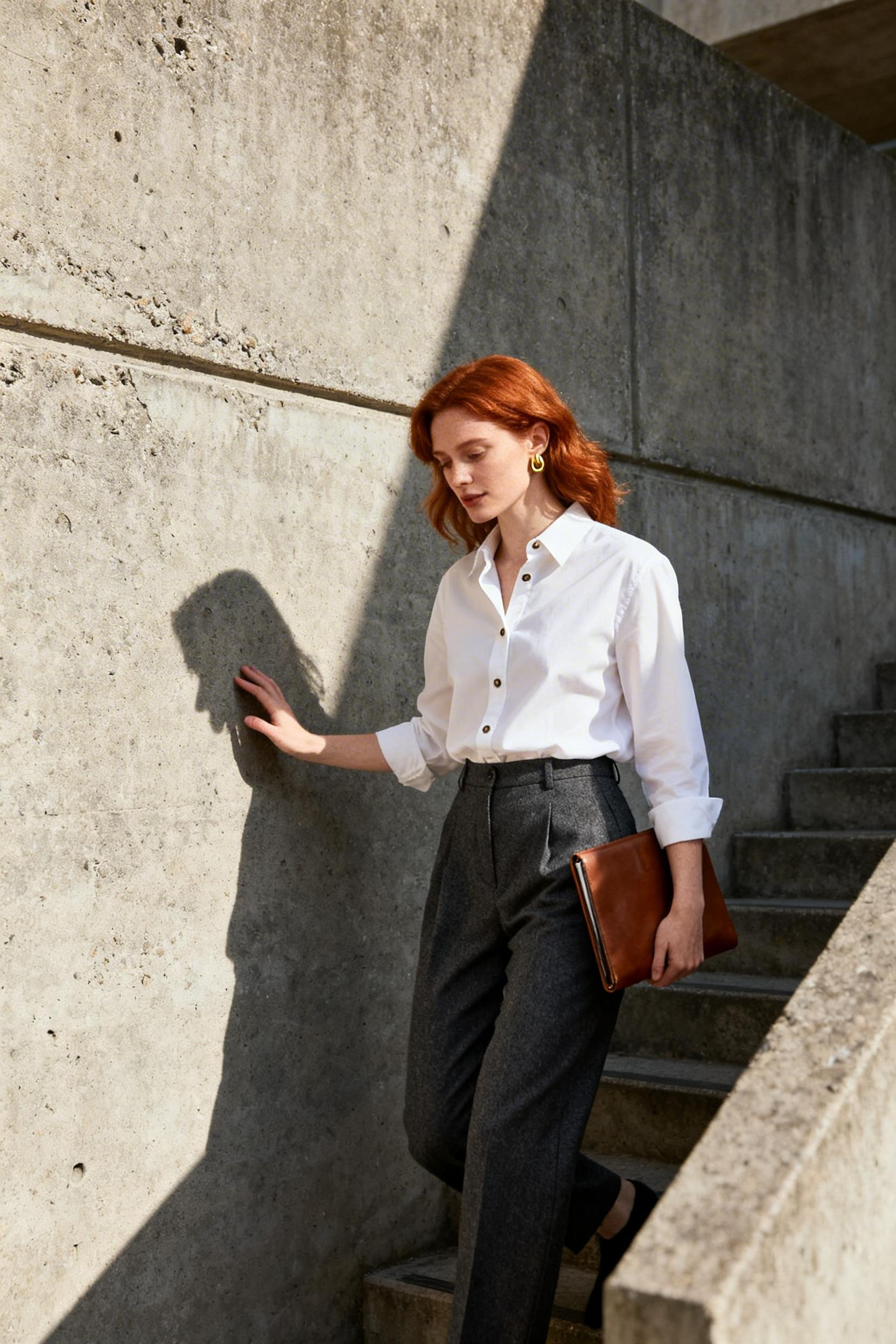 Oldmoney Outfit Woman - charcoal trousers ivory button-down