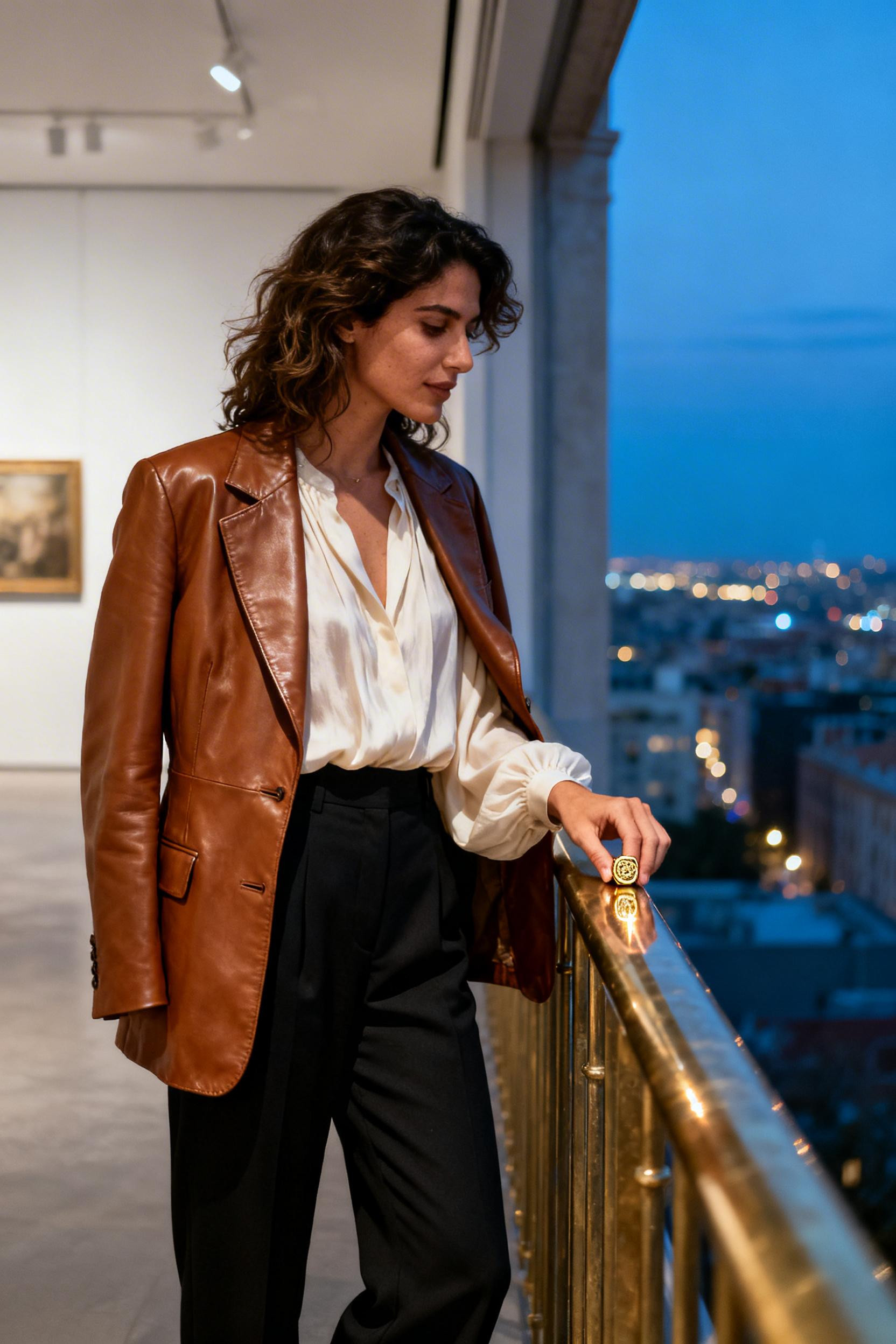 Formal Outfits For Women - cognac blazer black trousers