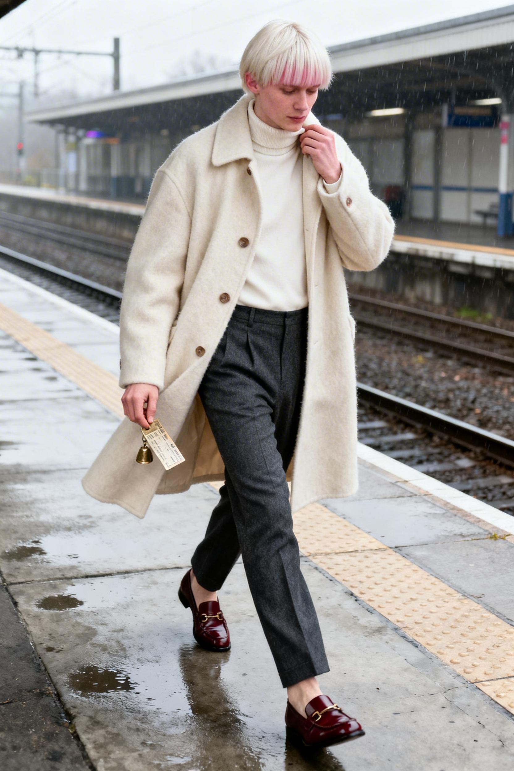 Old Money Fashion - cream coat ivory turtleneck charcoal trousers