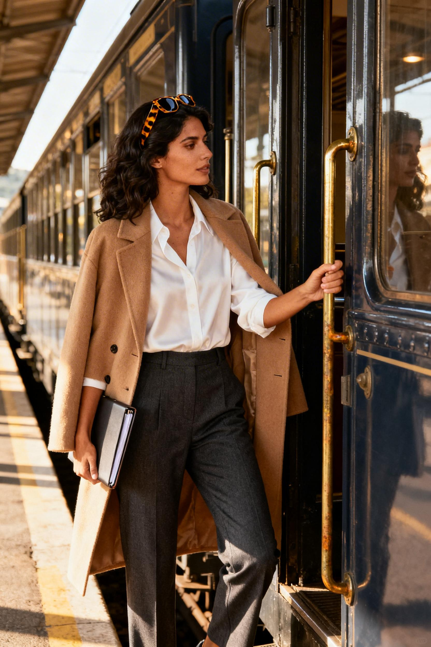 Old Money Style Outfits - charcoal trousers ivory blouse camel coat