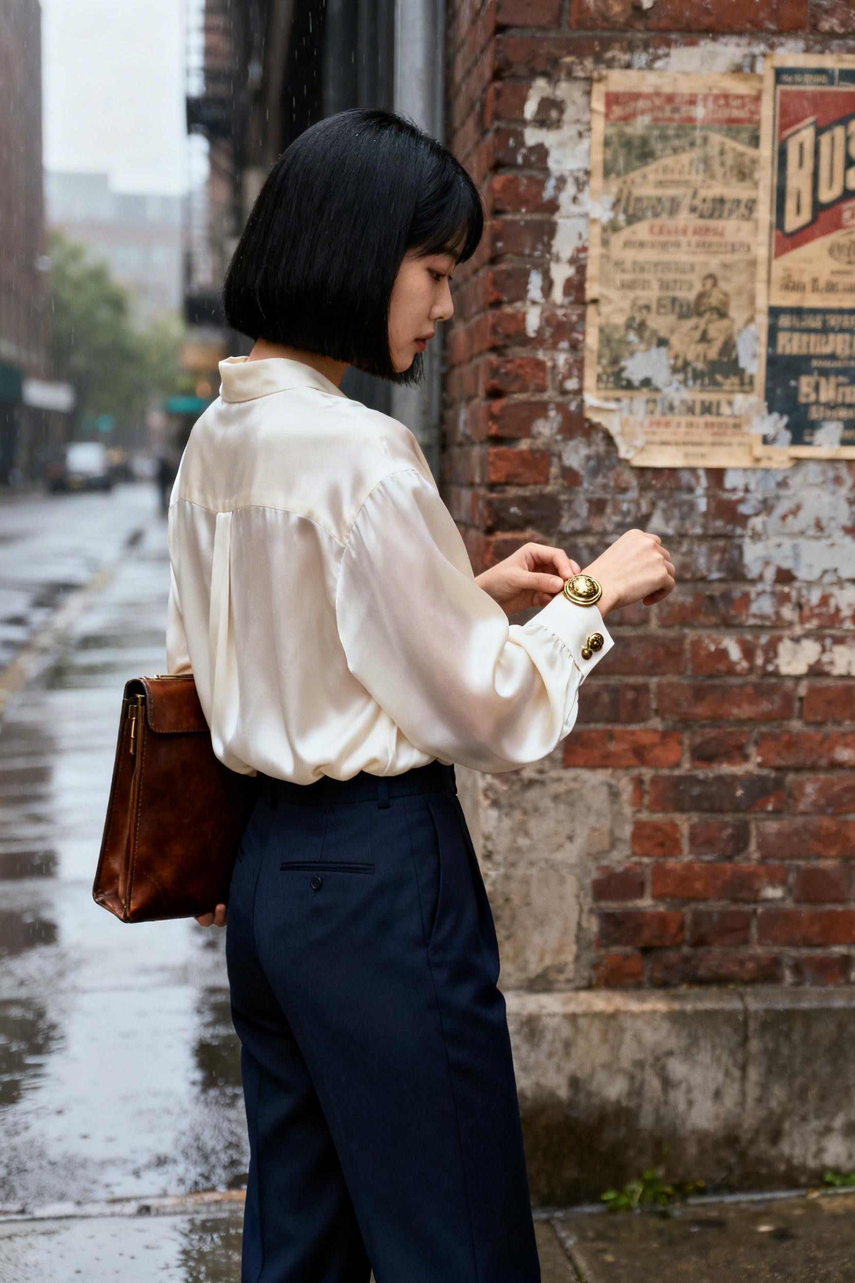 Elegant Outfit - navy trousers cream silk blouse