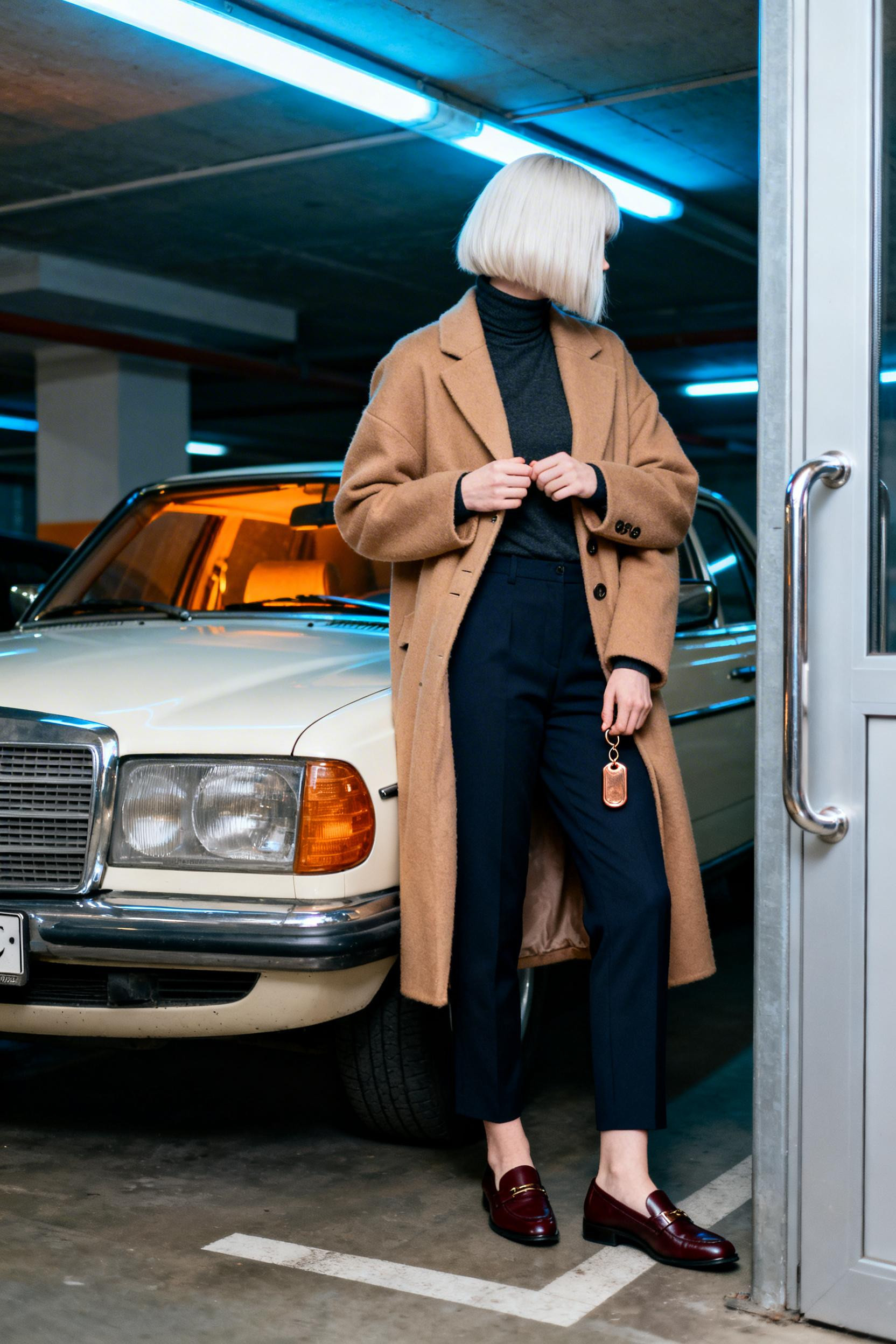 Curtain Bangs - camel coat navy trousers