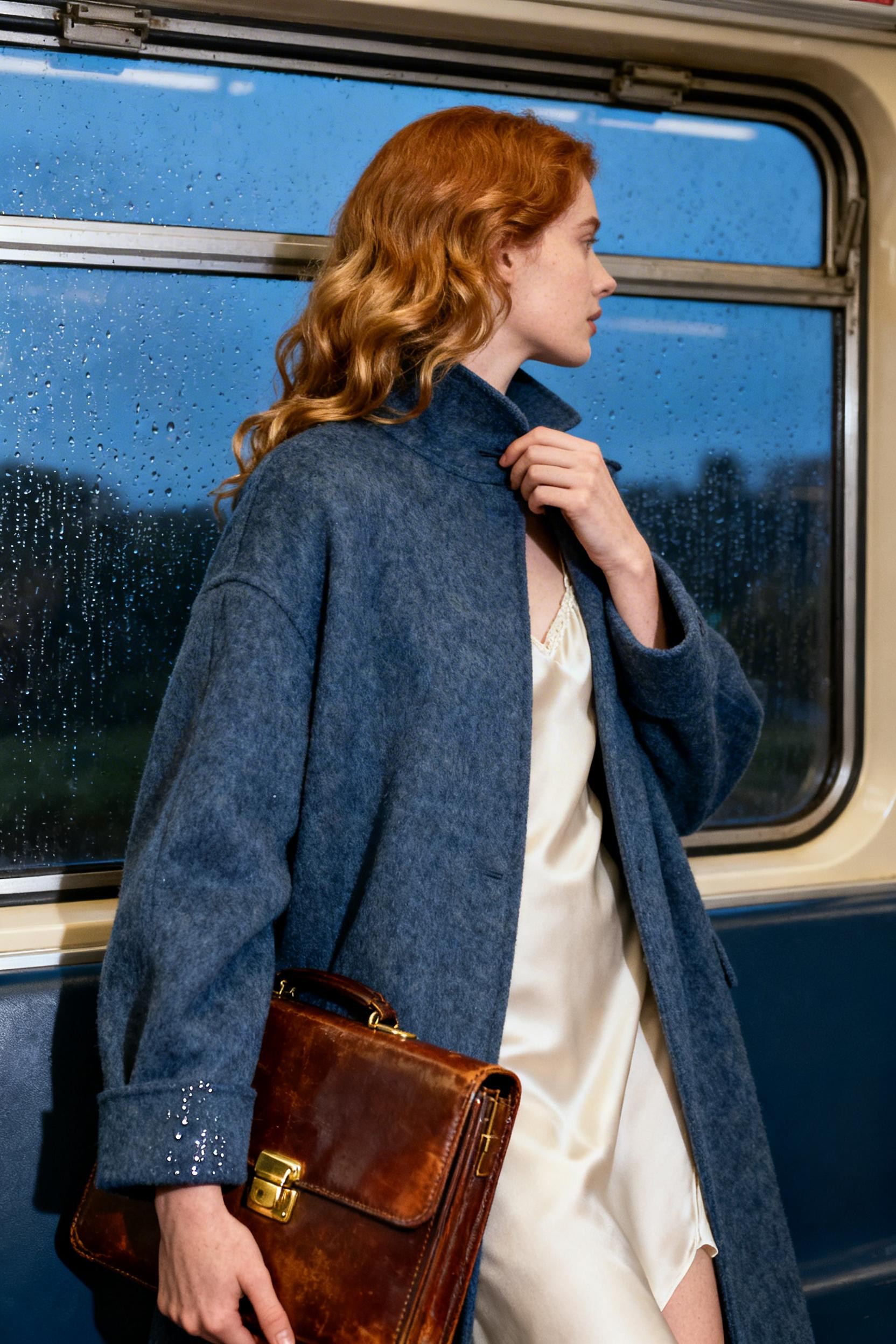 Old Money Dress Outfit - slate blue oversized wool coat