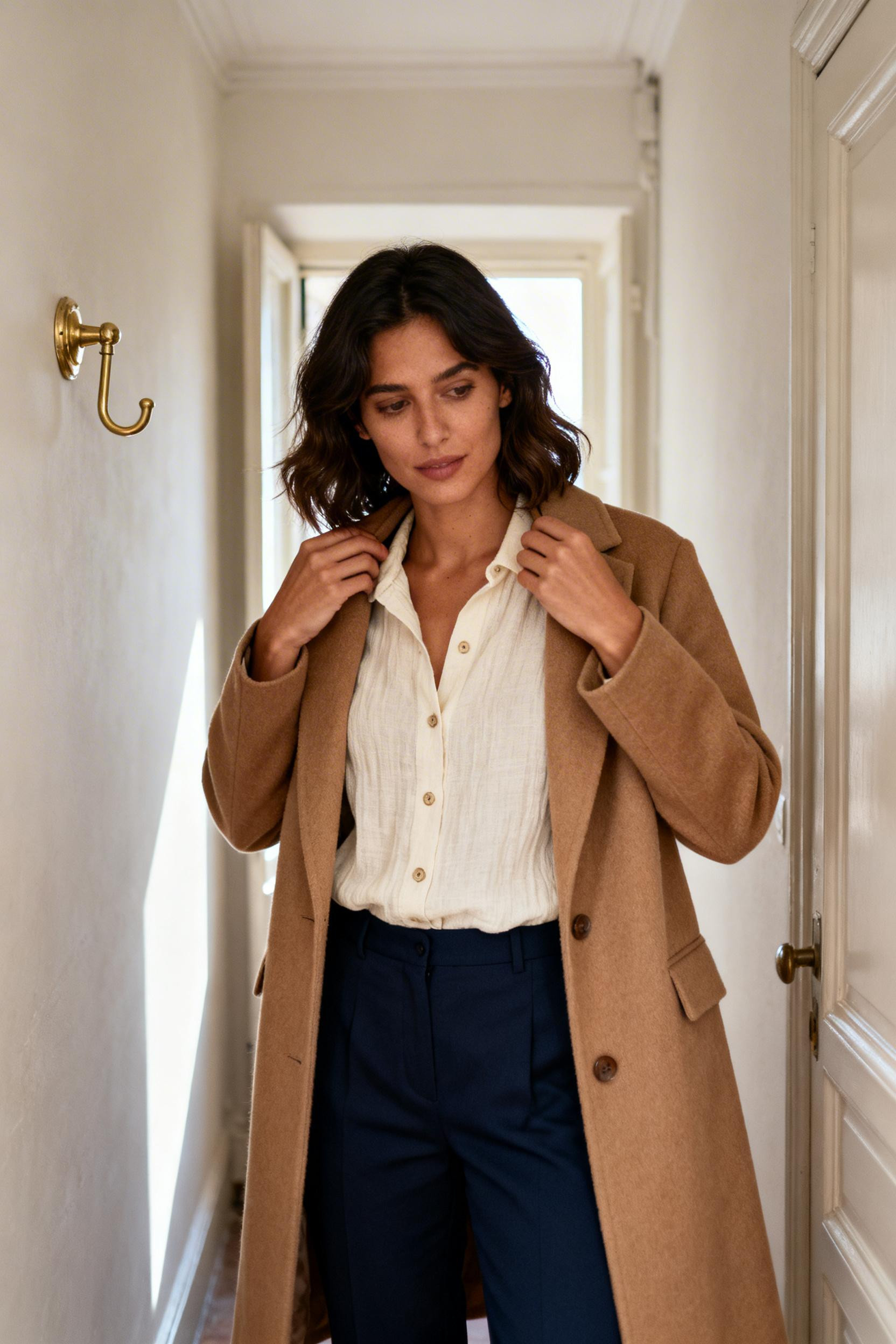 European Capsule Wardrobe - cream linen shirt camel coat navy trousers
