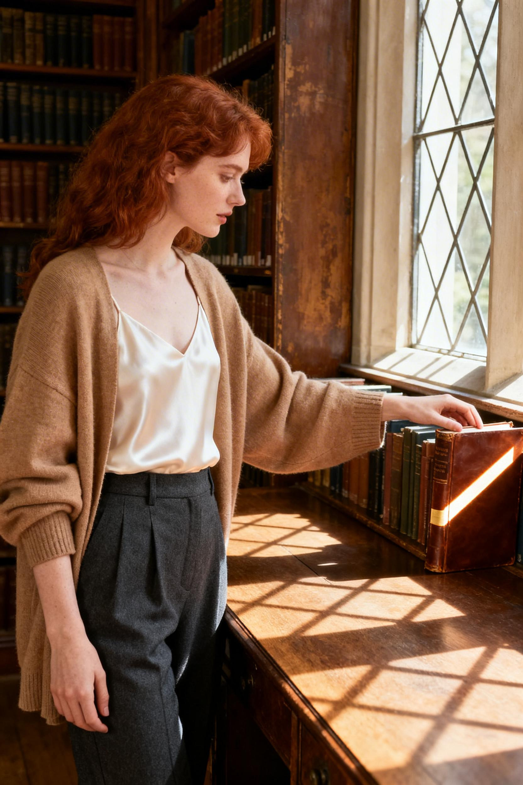 Fall Capsule Wardrobe - cream camisole camel cardigan charcoal trousers